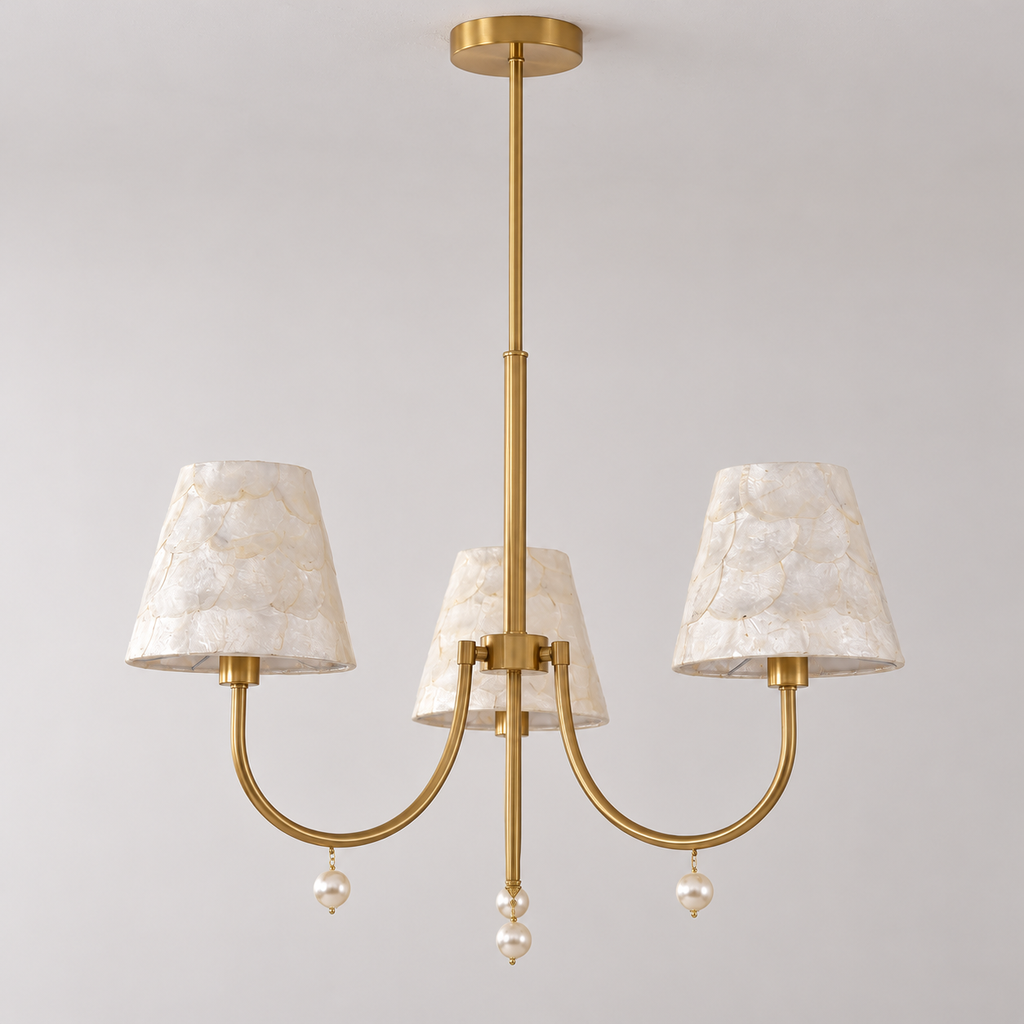 Orelvienne 3-light natural shell chandelier with gold-tone U-shaped arms, light off