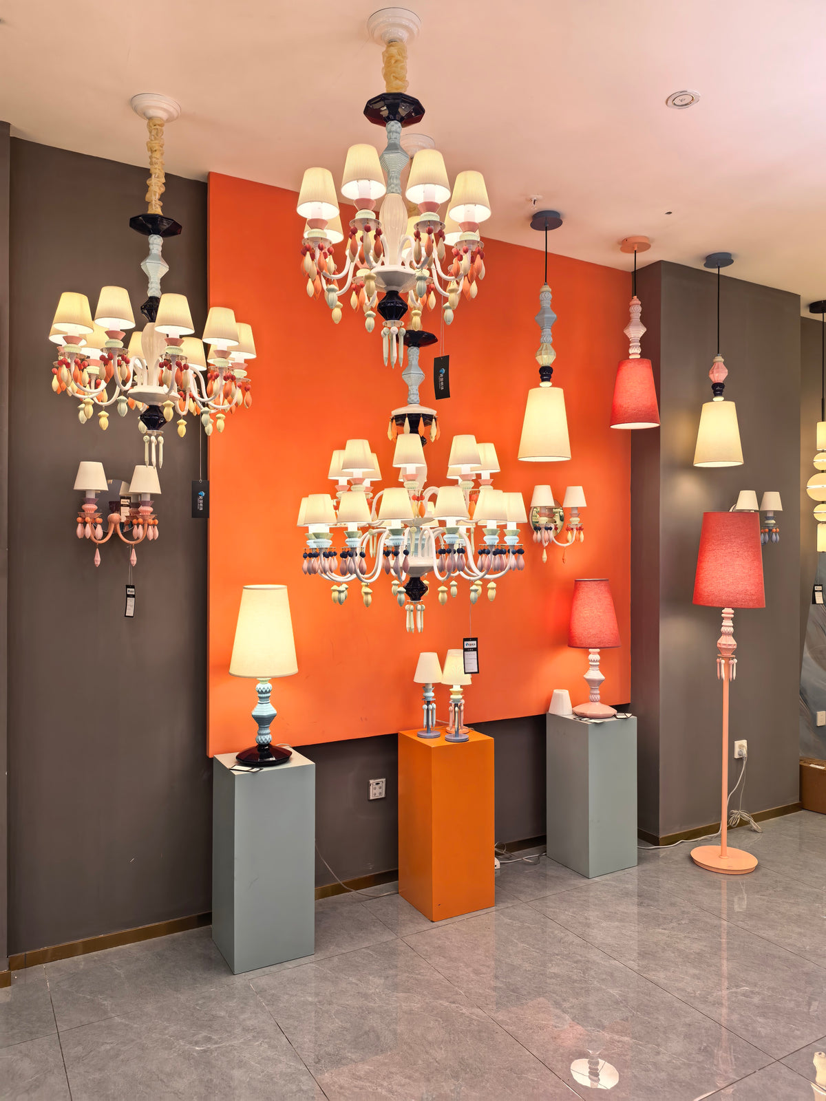 Pastel collection in the showroom — real showroom photograph
