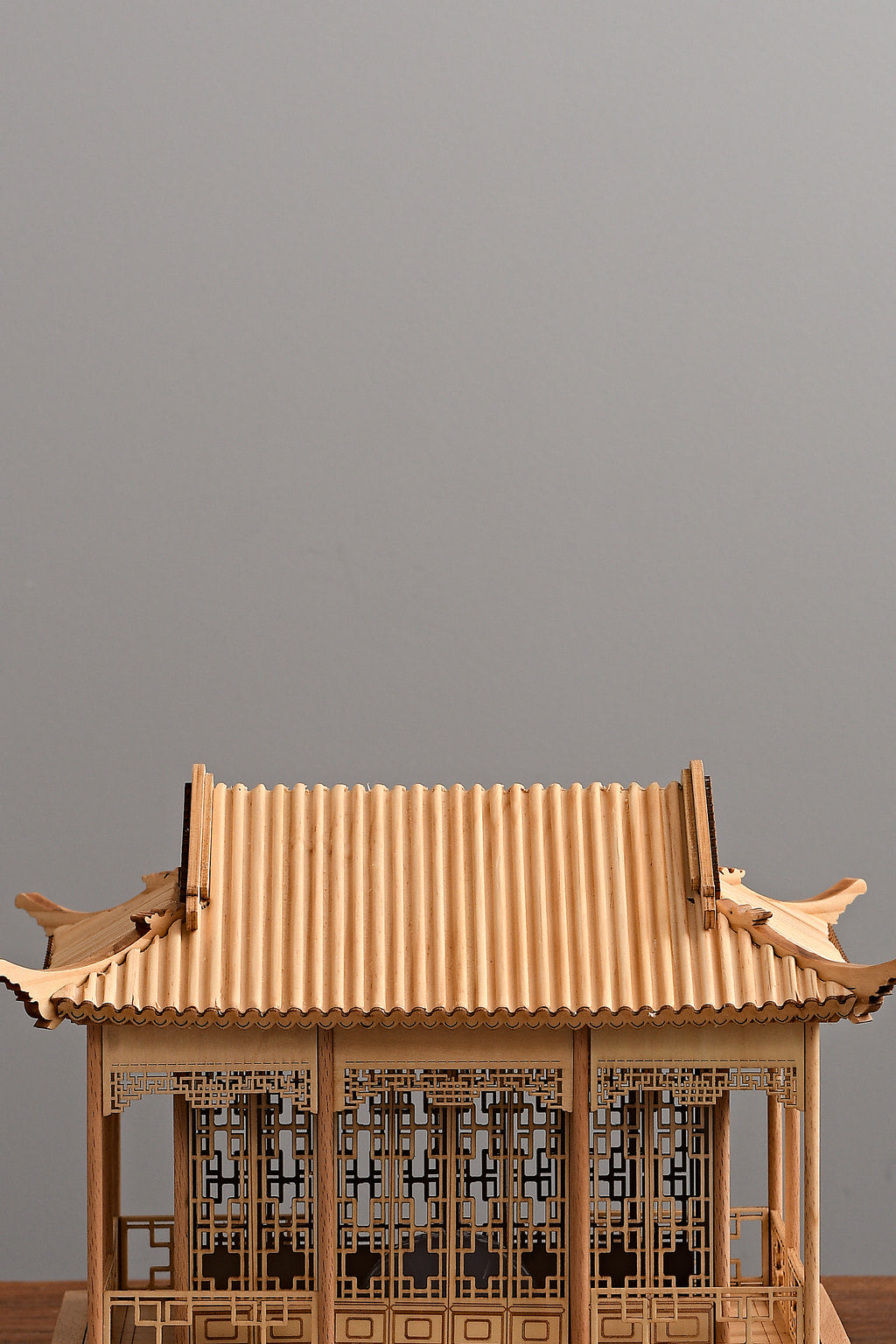 Close view of the Pavilume Rain Pavilion roof and wooden joinery