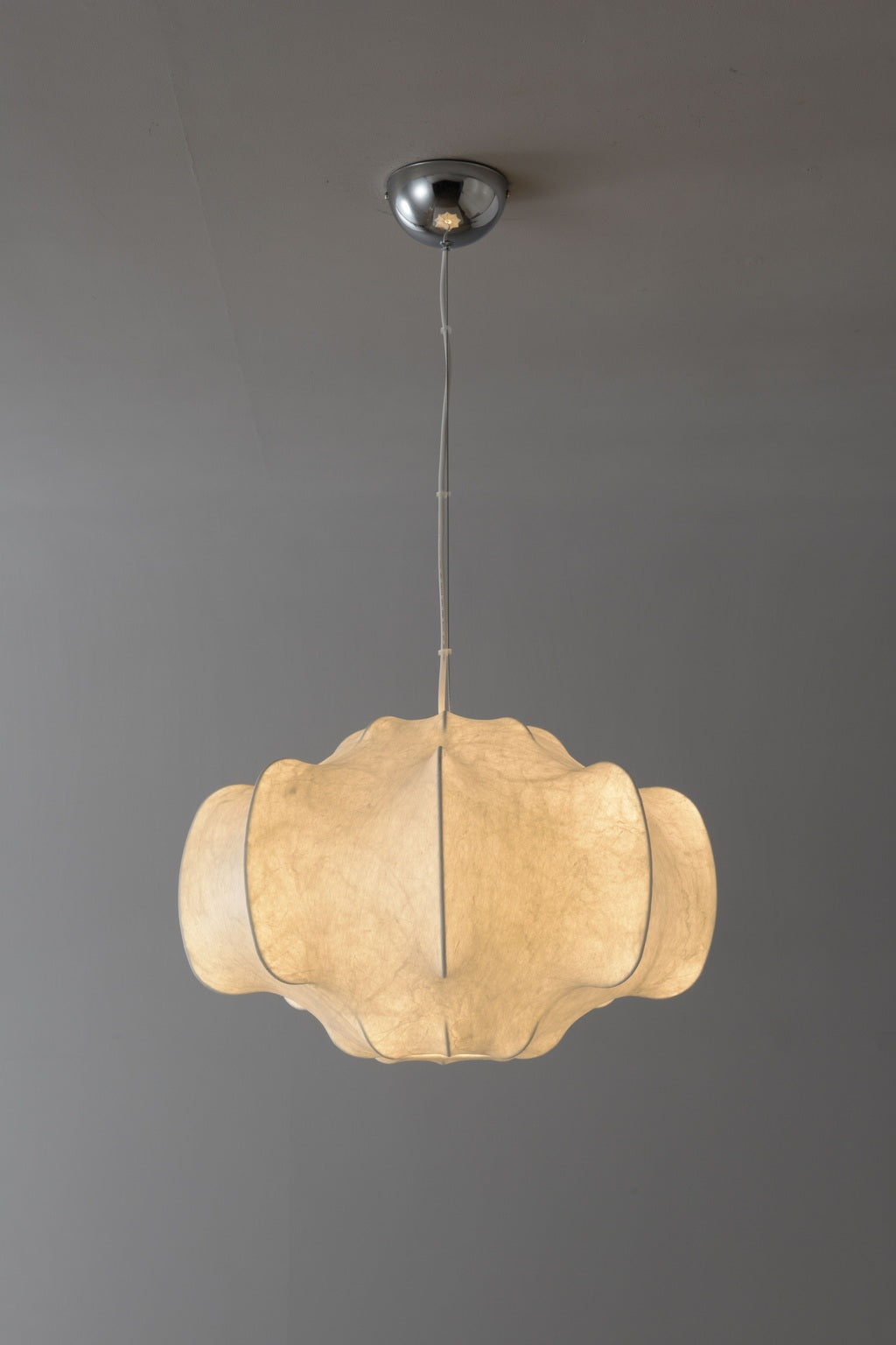Handmade Mulberry Silk Pendant Light in White - 03 real lit front