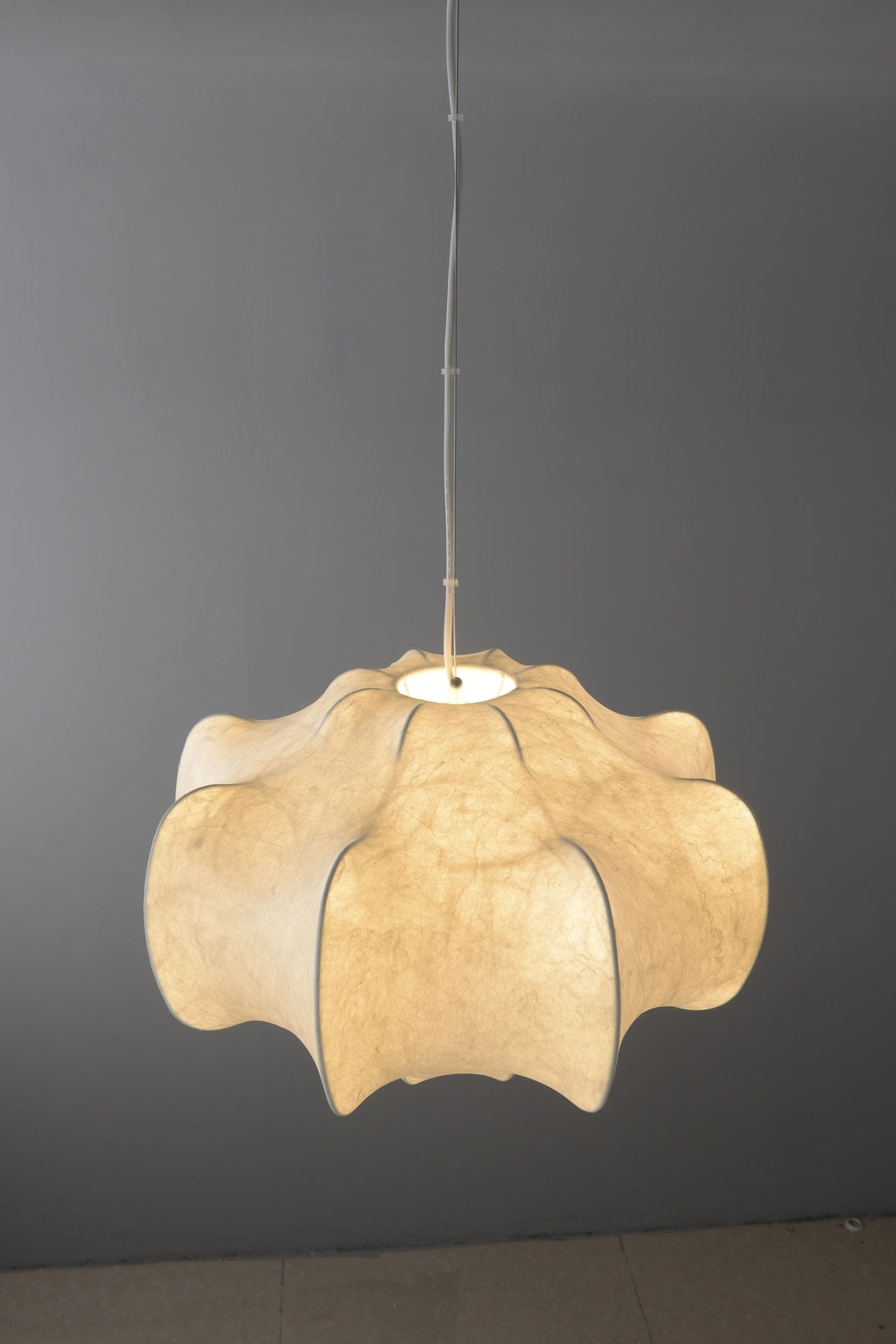 Handmade Mulberry Silk Pendant Light in White - 04 real lit angle