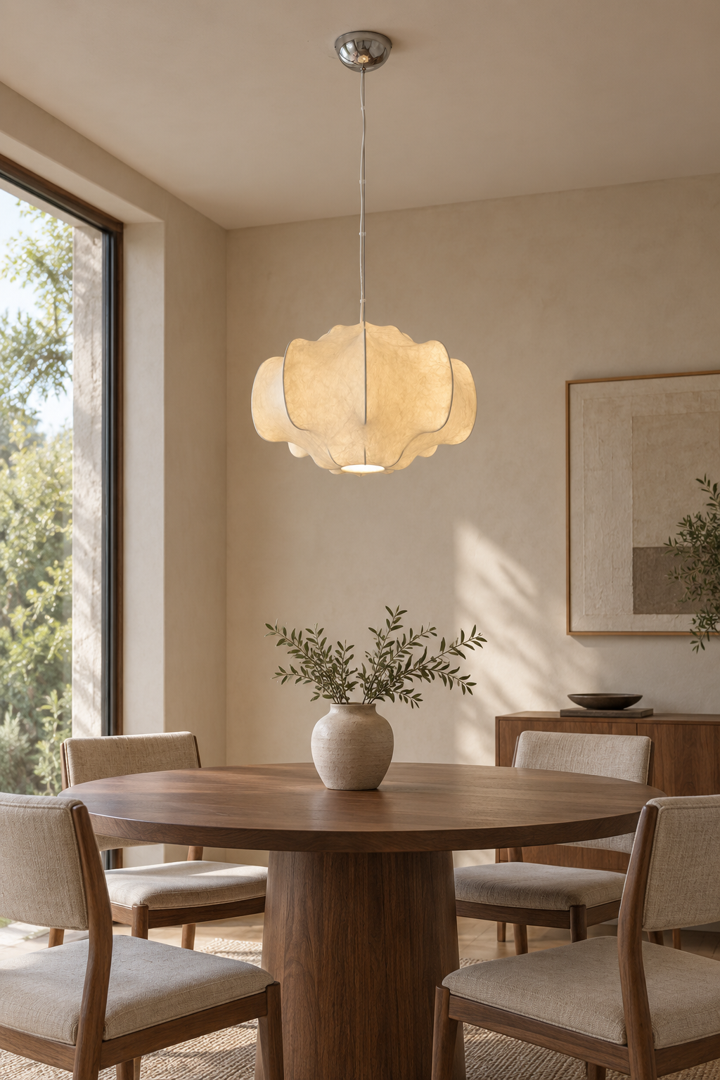 Handmade Mulberry Silk Pendant Light in White - 07 scene daylight dining