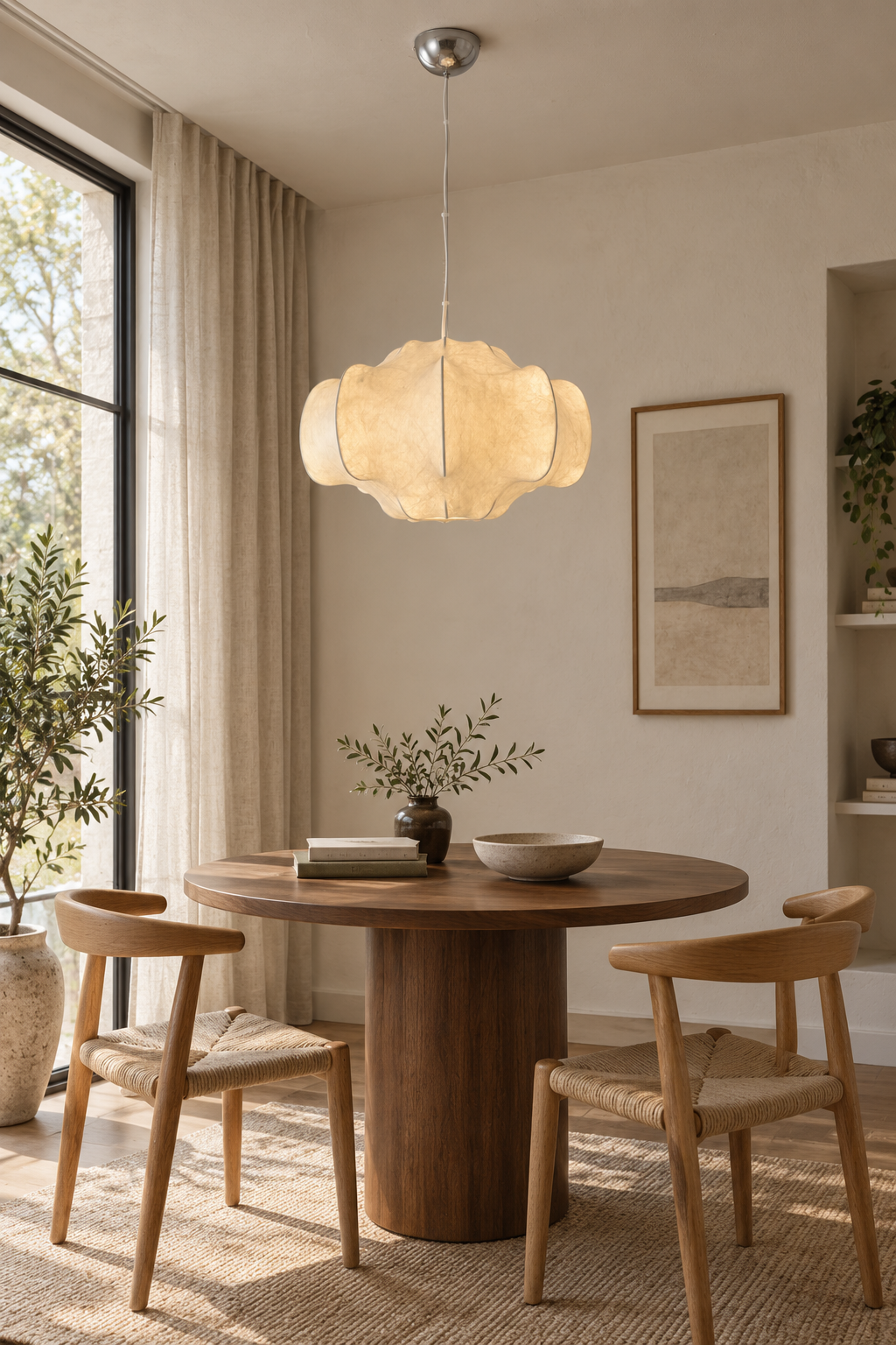 Handmade Mulberry Silk Pendant Light in White - 08 scene daylight reading
