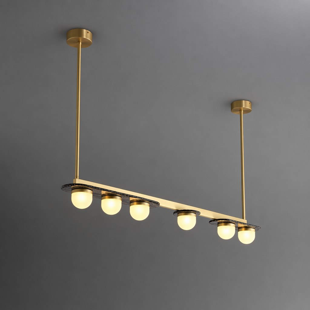 Modern Linear Glass Globe Chandelier - 06 real-shot natural brass lit angled