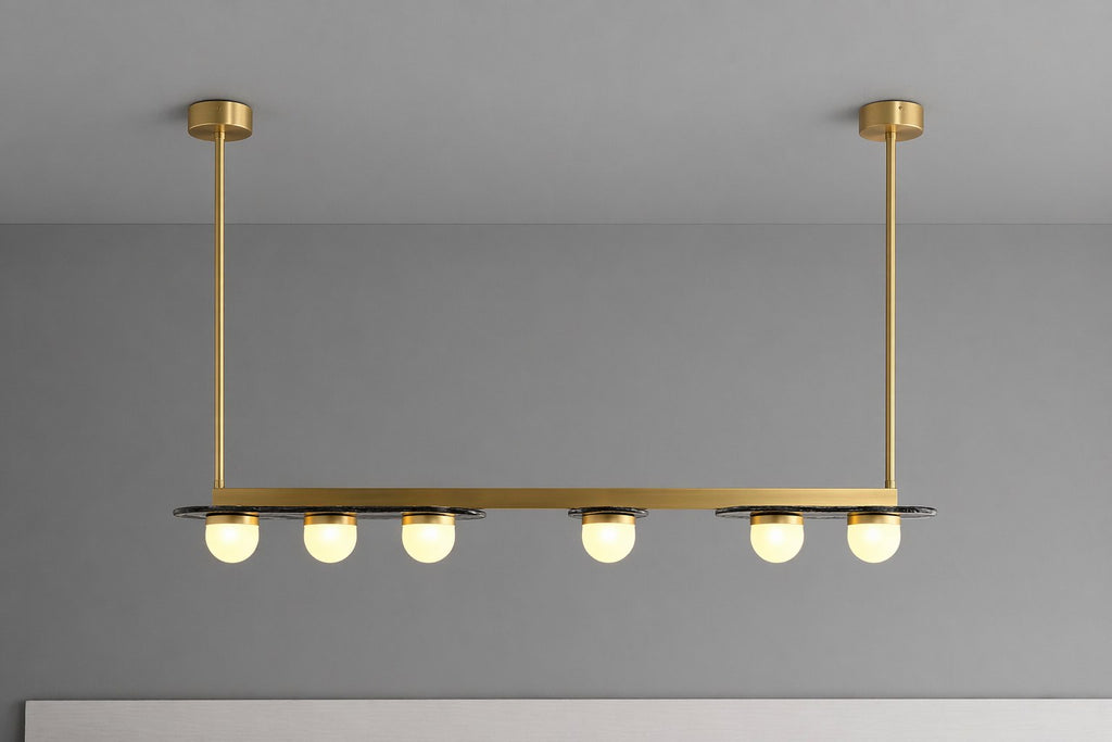 Modern Linear Glass Globe Chandelier - 07 real-shot natural brass lit front