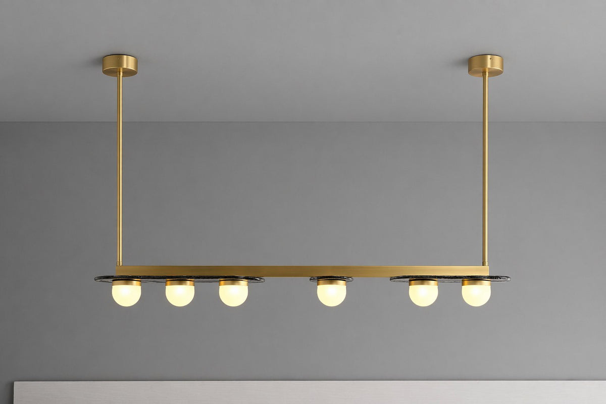 Modern Linear Glass Globe Chandelier - 07 real-shot natural brass lit front