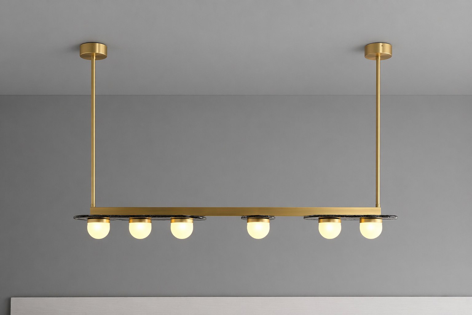Modern Linear Glass Globe Chandelier - 07 real-shot natural brass lit front
