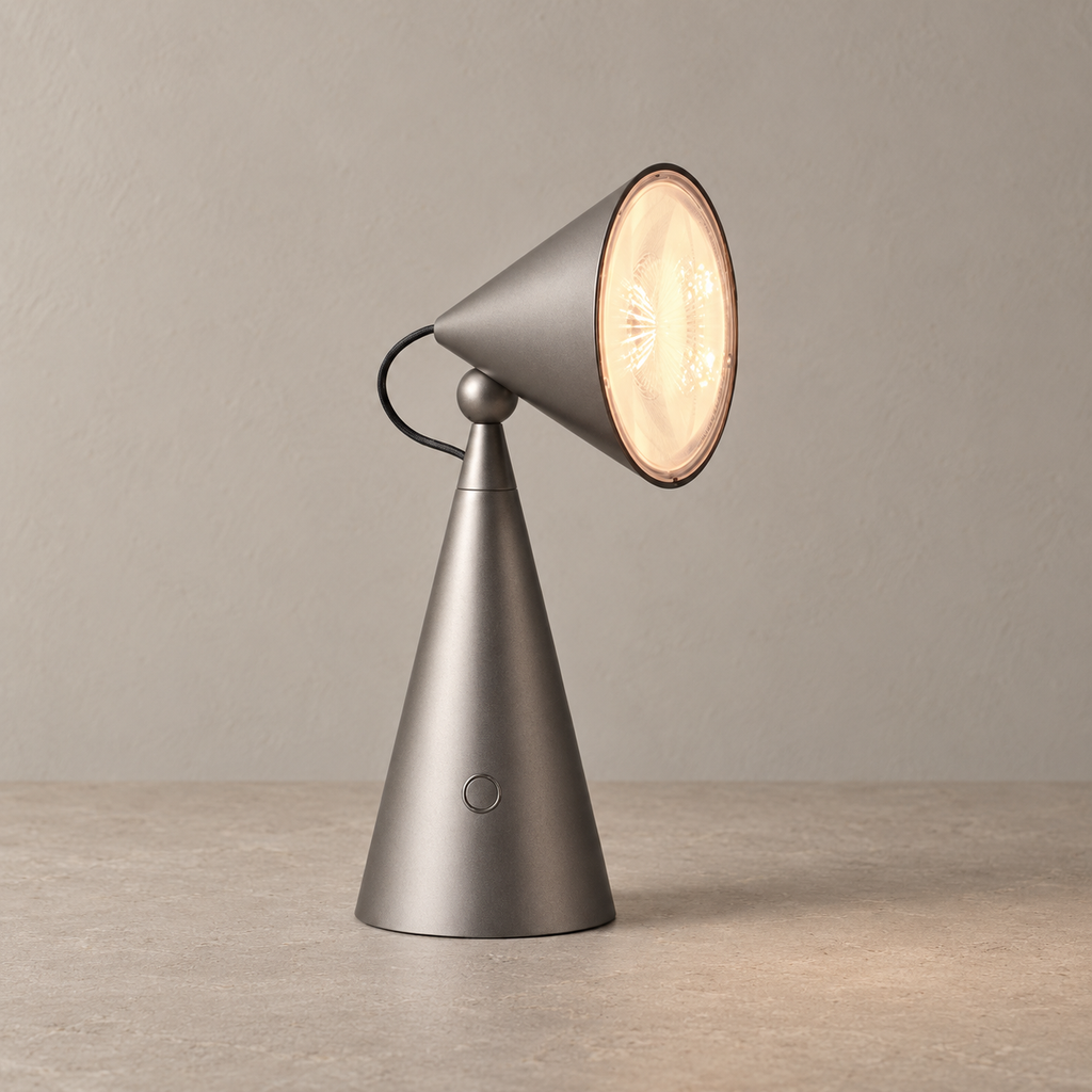Pivotelle compact table lamp resting on a stone surface with its cone shade illuminated