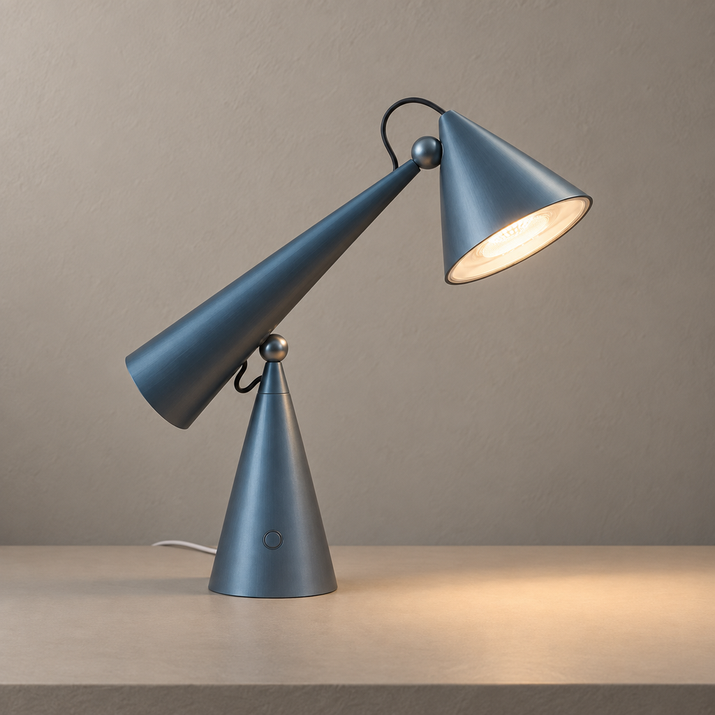 Pivotelle adjustable blue-gray table lamp resting on a stone surface with warm downward light