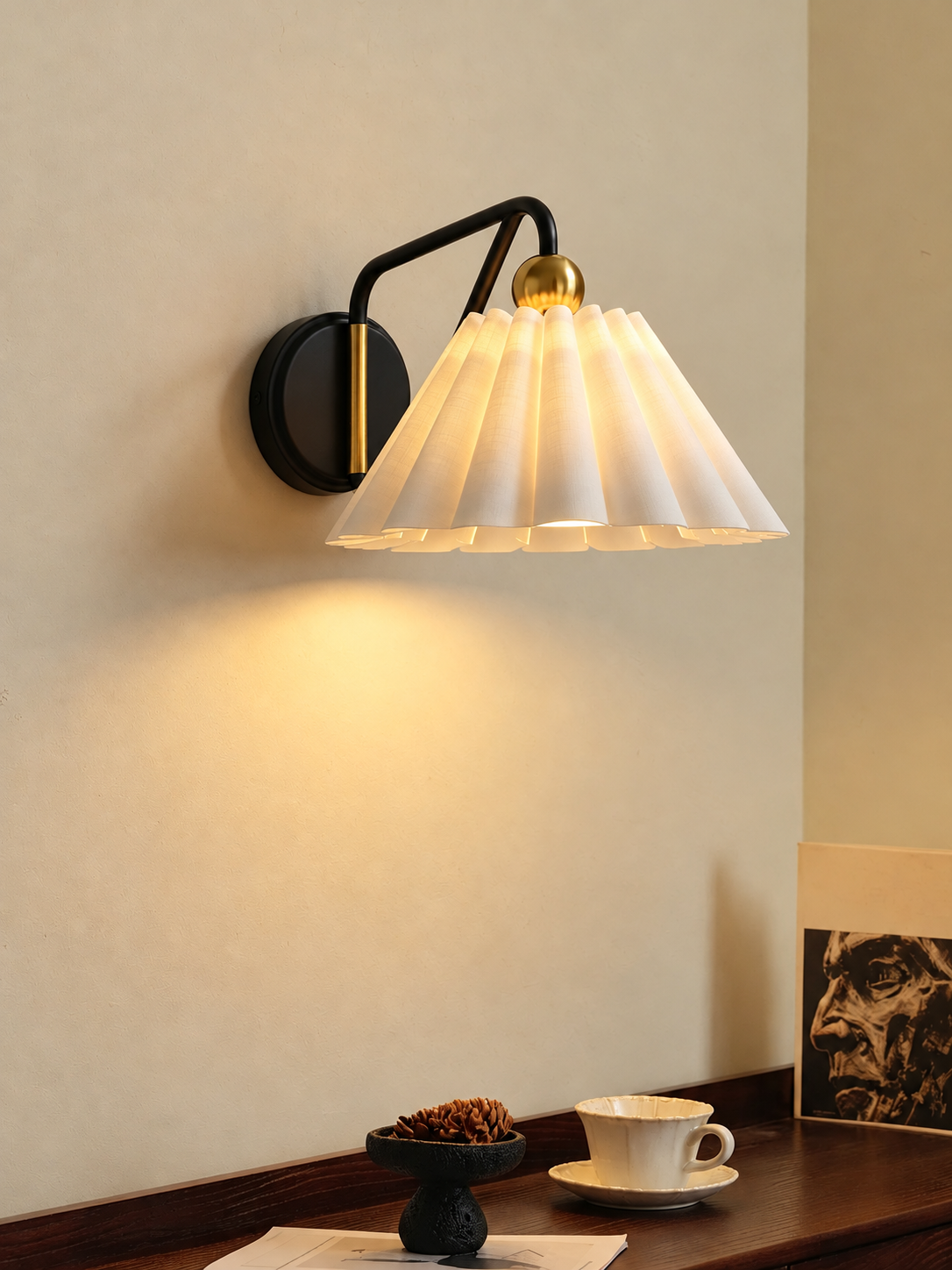 Close side view of the illuminated fabric shade and loop arm
