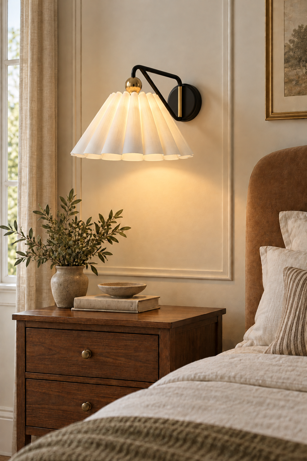 Pleated fabric wall sconce casting warm light over a bedside table