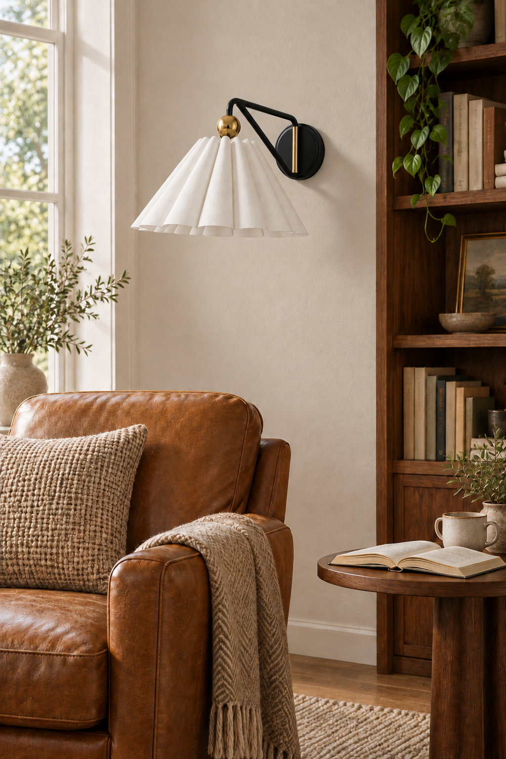 Unlit pleated wall sconce beside a leather reading chair