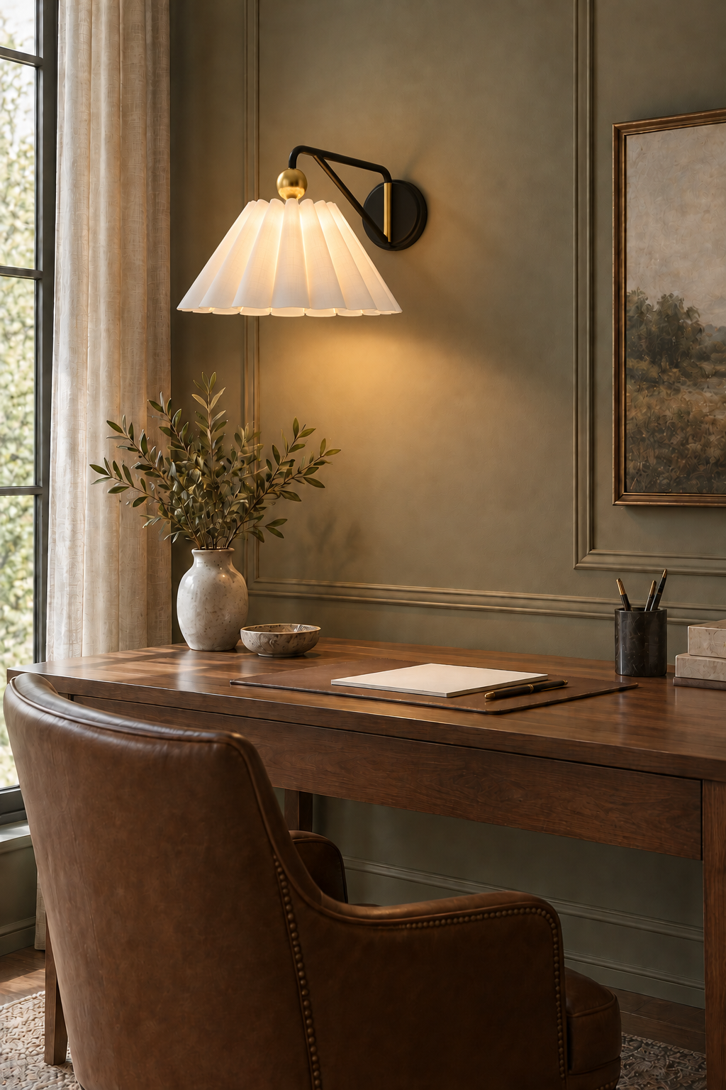 Warm fabric wall sconce above a walnut writing desk