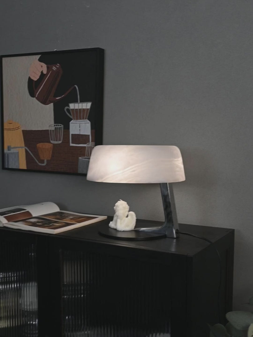 Load video: Modern Alabaster Table Lamp in Black and Chrome - product gallery video