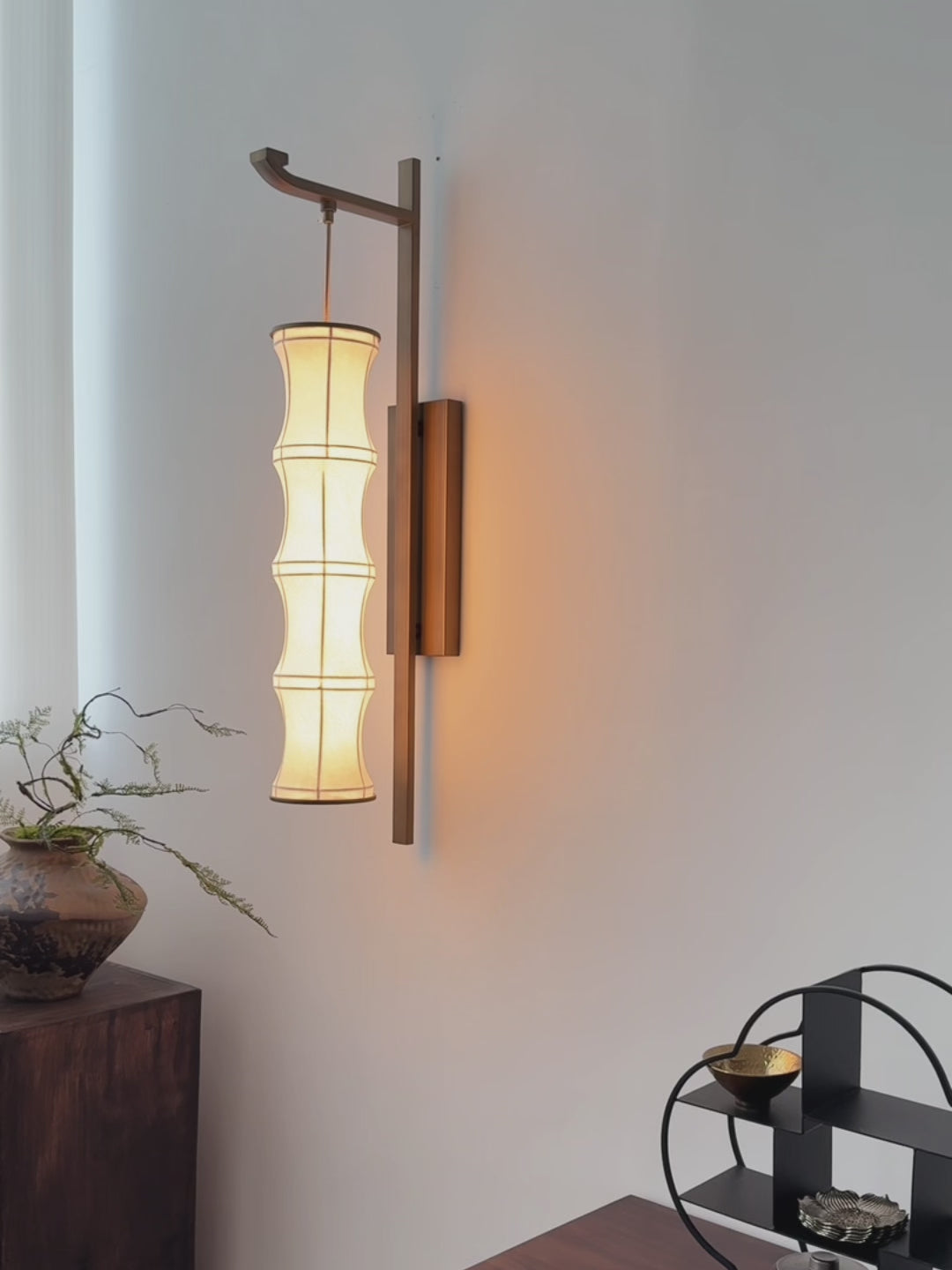 Modern Song-Inspired Mulberry Silk Wall Sconce in Antique Brass - product video