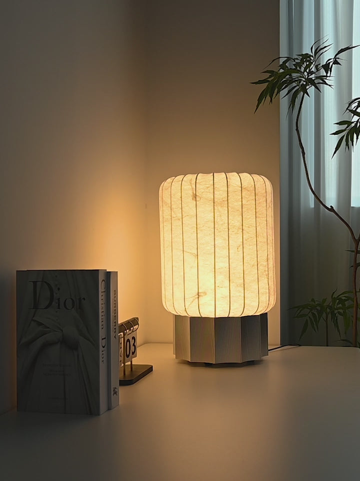 Modern Mulberry Silk Cylinder Table and Floor Lamp in Pewter Gray - product video