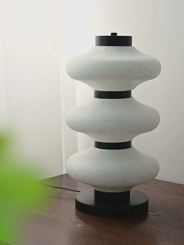 Modern Mulberry Silk Stacked Table Lamp in Matte Black and White - product video