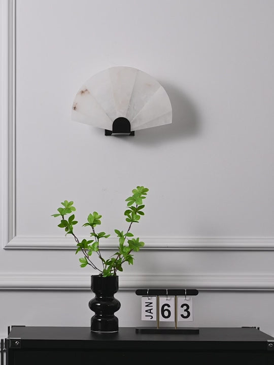 Modern Snowflake Alabaster Fan Wall Sconce in Matte Black - product gallery video