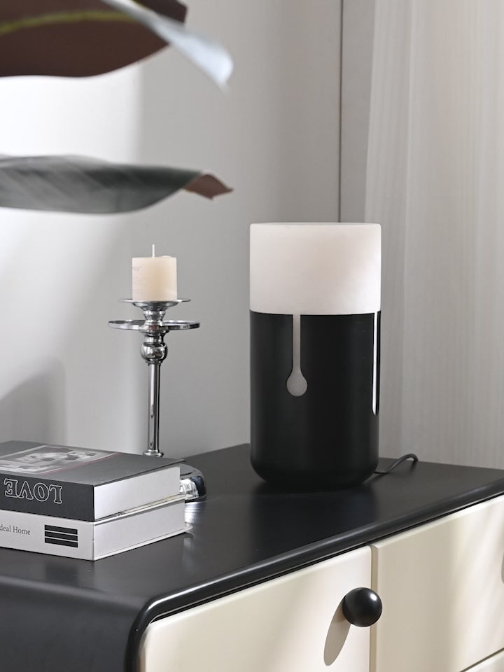 Modern Spanish Alabaster Cylinder Table Lamp in Matte Black - real product video