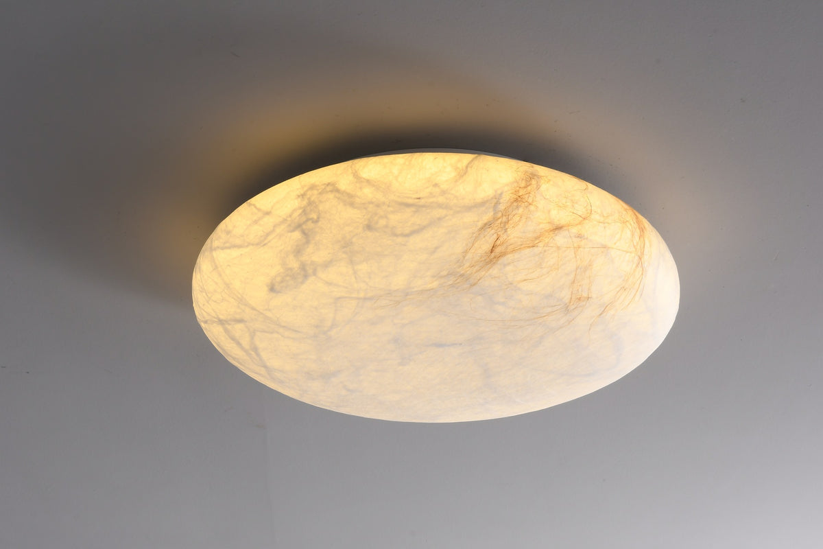 Round mulberry silk and hemp ceiling light photographed complete view 2