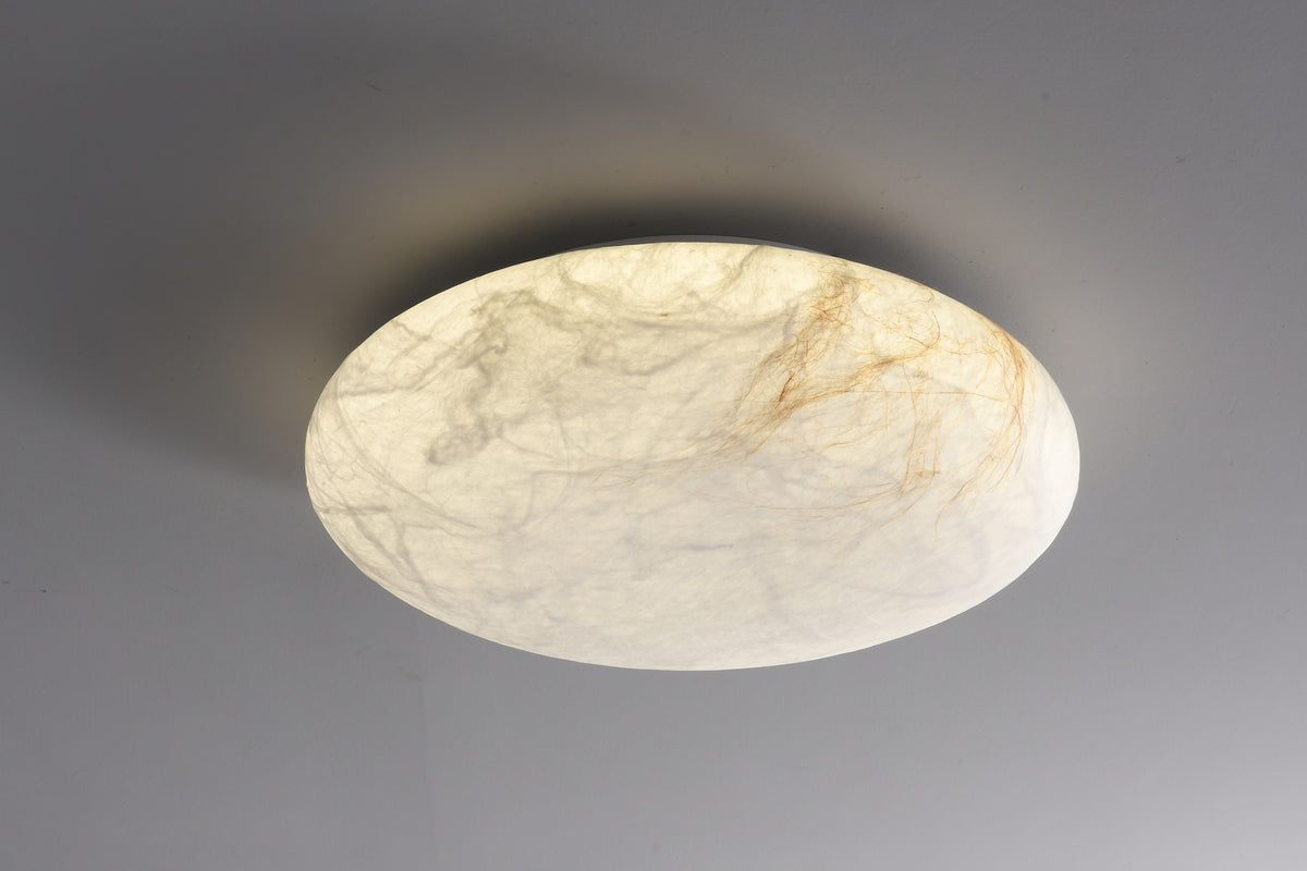 Round mulberry silk and hemp ceiling light photographed complete view 5