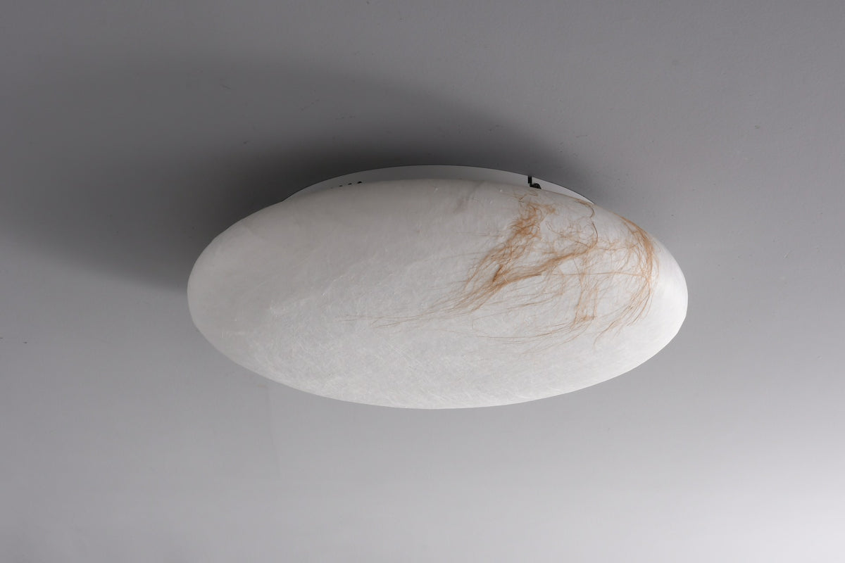 Round mulberry silk and hemp ceiling light photographed complete view 1