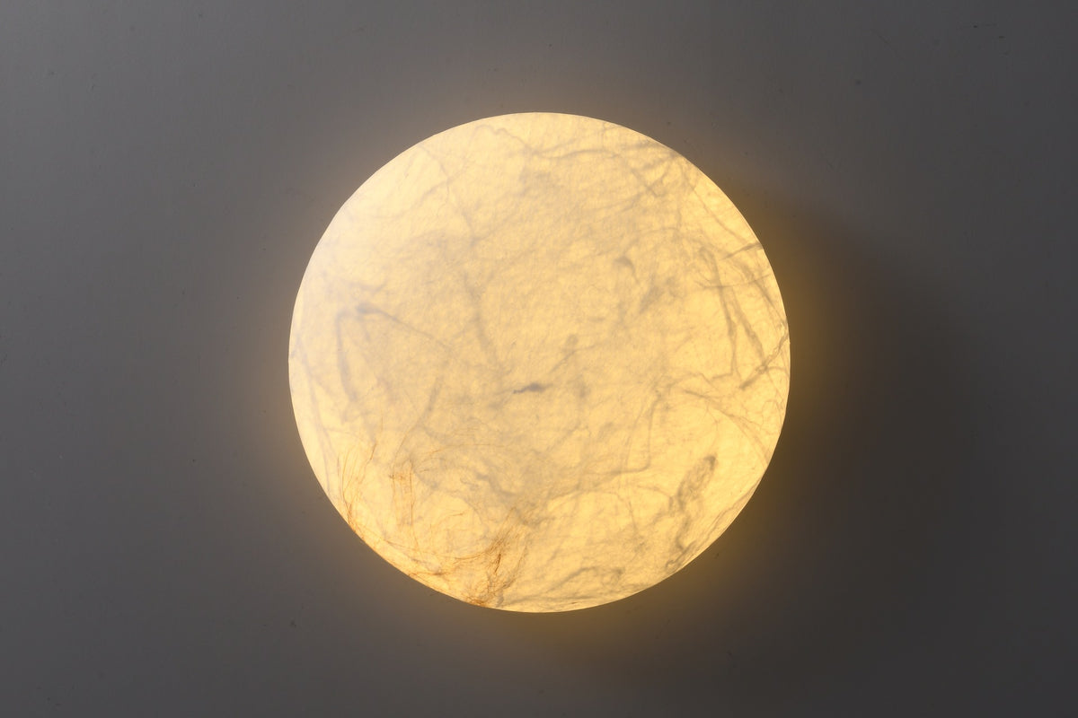 Round mulberry silk and hemp ceiling light photographed complete view 4