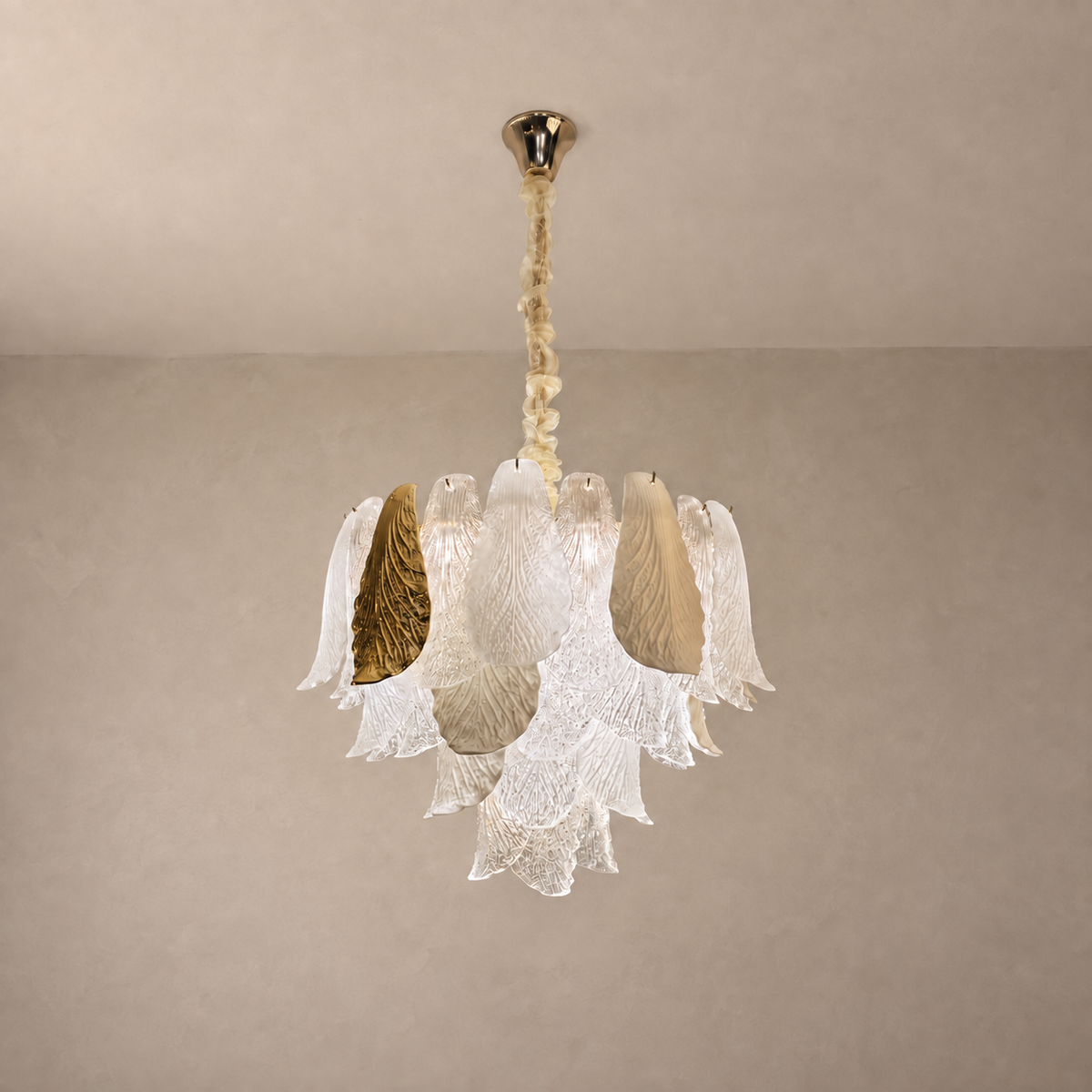 Ceramic and Glass Petal Round Chandelier in the 60 cm size: complete fixture with layered ivory ceramic, textured glass and gold accents