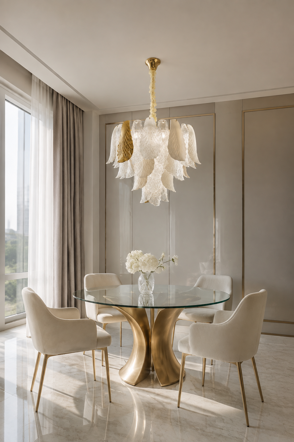 Ceramic and Glass Petal Round Chandelier in the 60 cm size: in a dining room setting