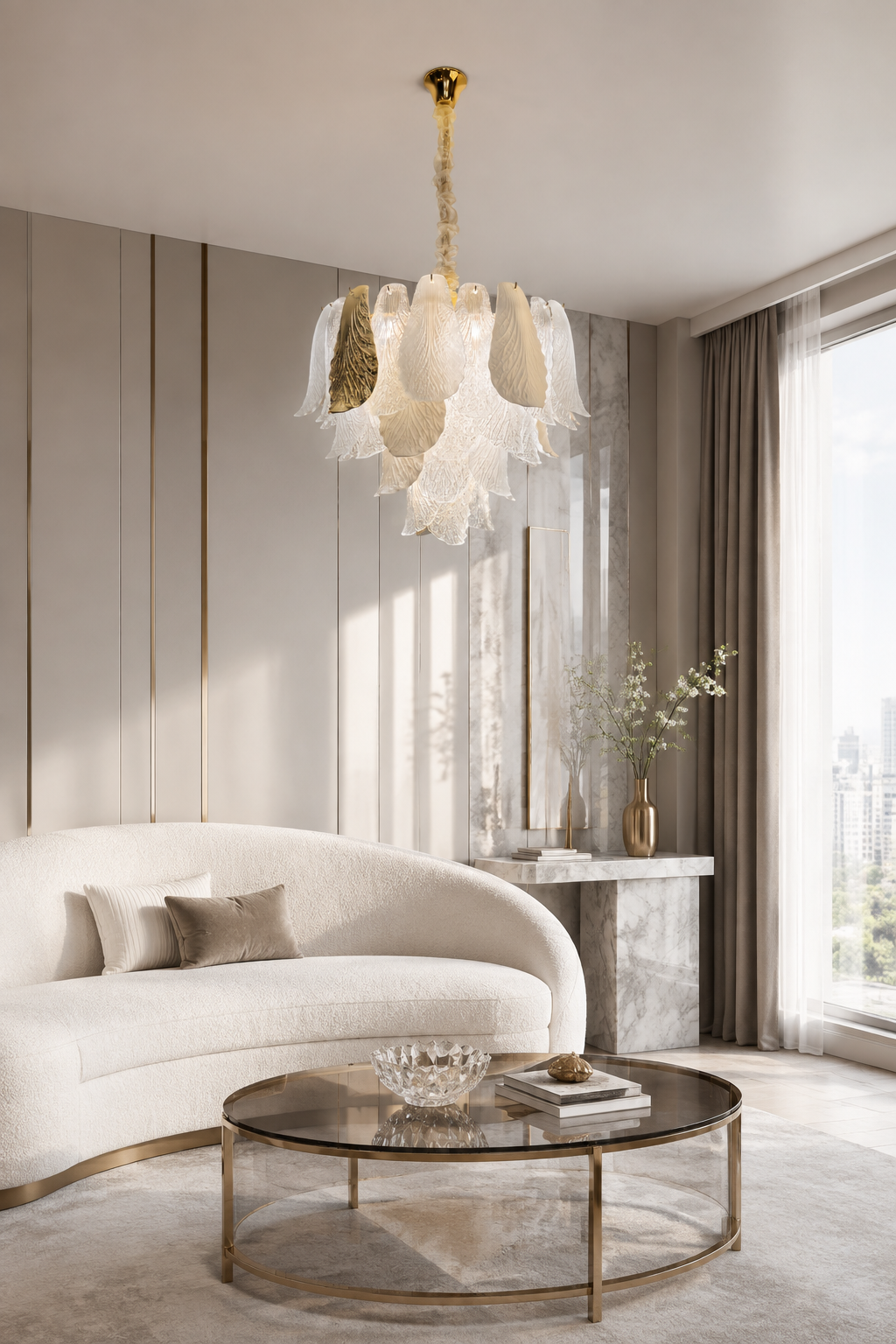 Ceramic and Glass Petal Round Chandelier in the 60 cm size: above a glass table in a sitting room