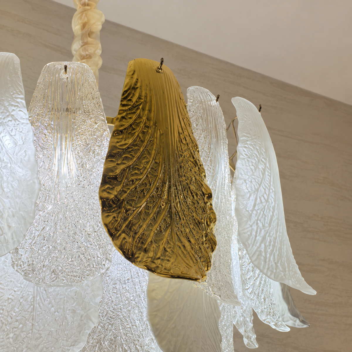 Ceramic and Glass Petal Round Chandelier in the 60 cm size: close view of the ceramic, glass and gold accents