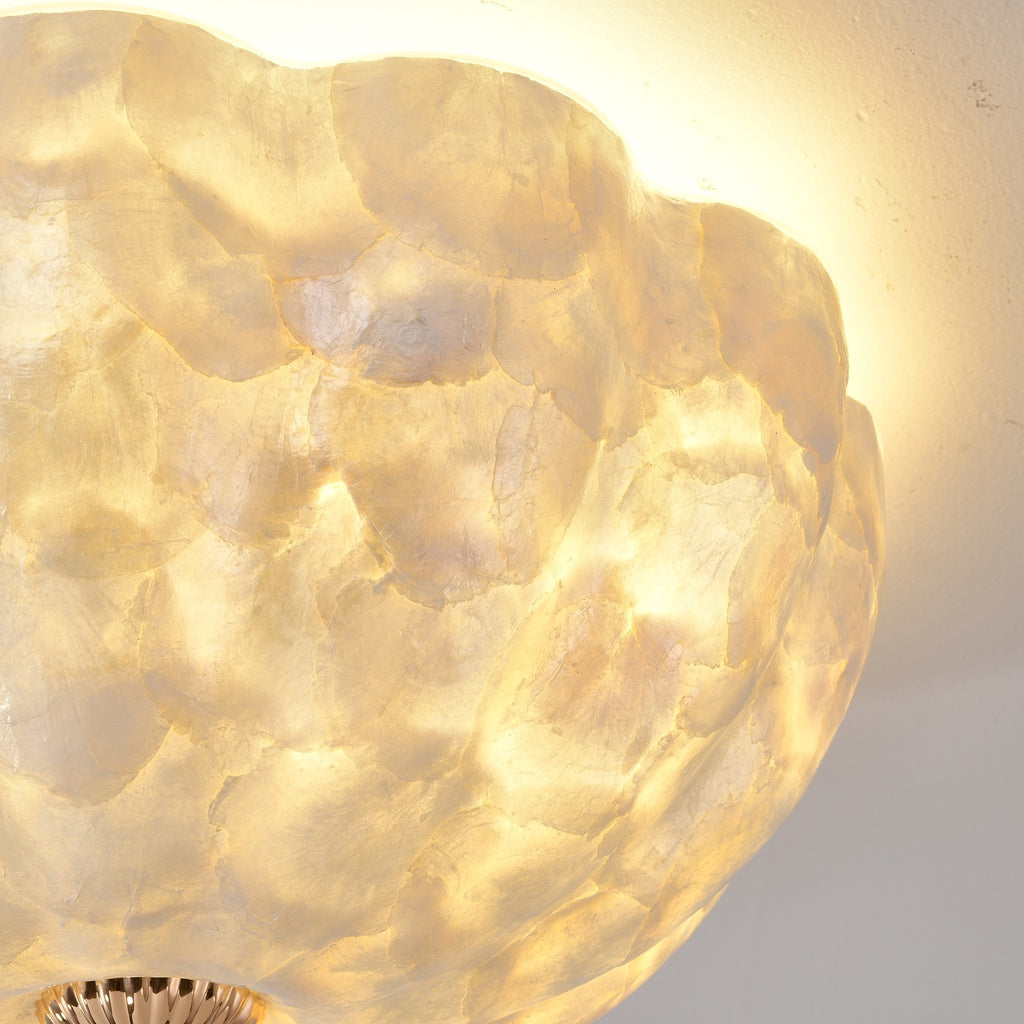 Selnacre shell mosaic flush-mount ceiling light — detail lit