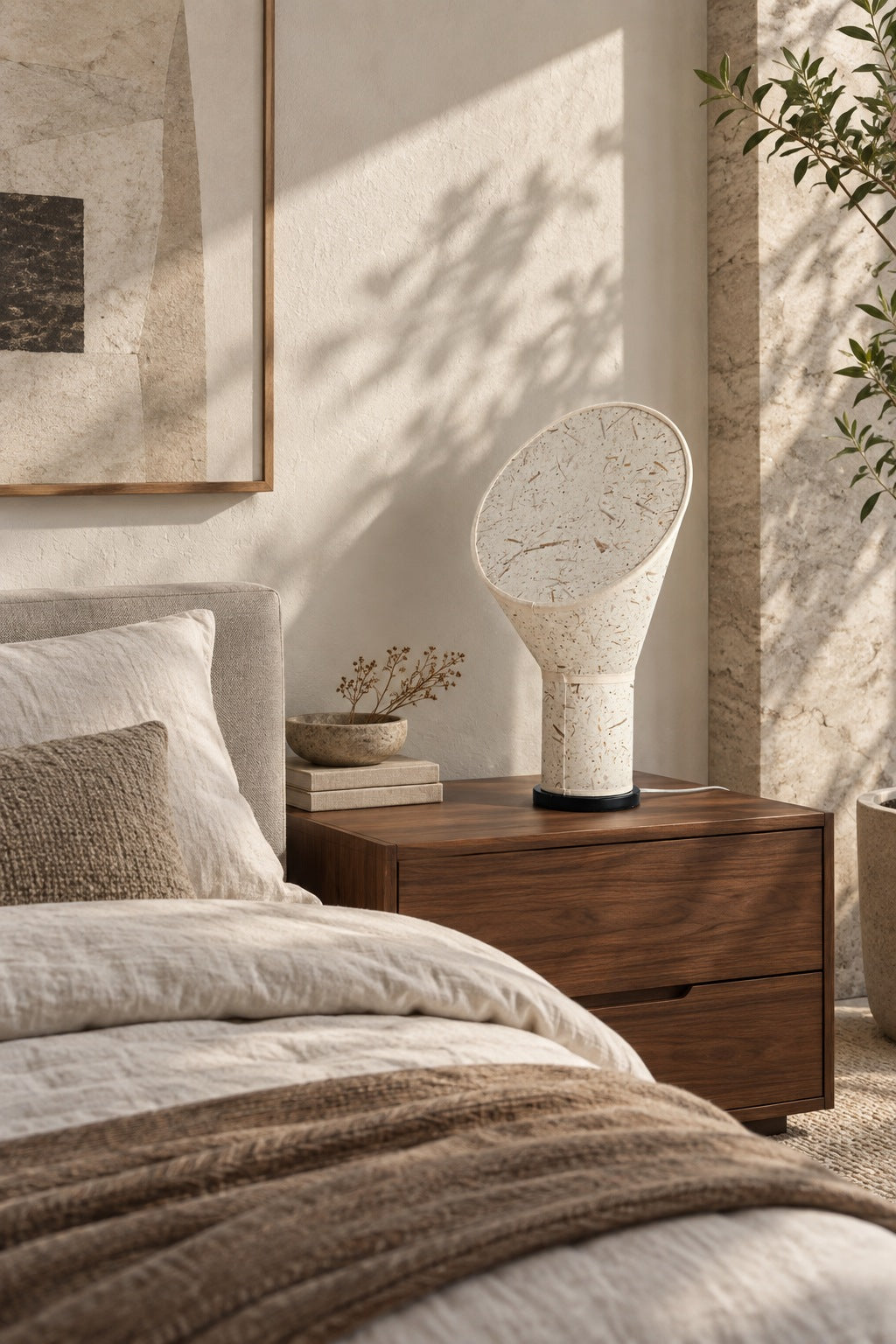 Serevane paper table lamp unlit in a calm neutral bedroom