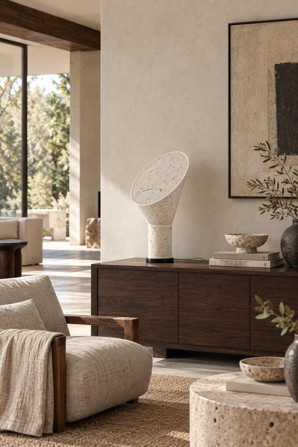 Serevane paper table lamp unlit in an organic modern living room