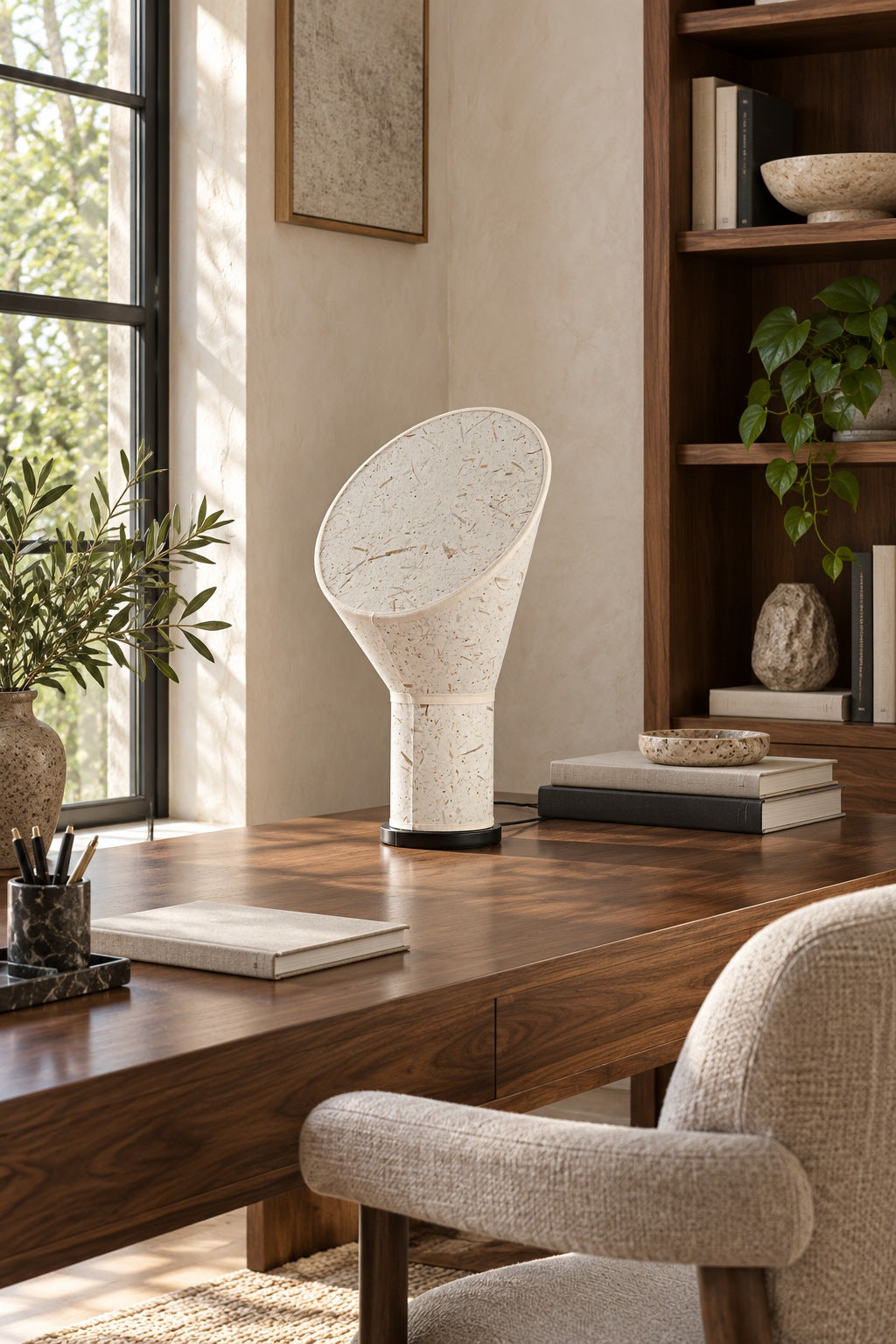 Serevane paper table lamp unlit in a quiet Japandi study
