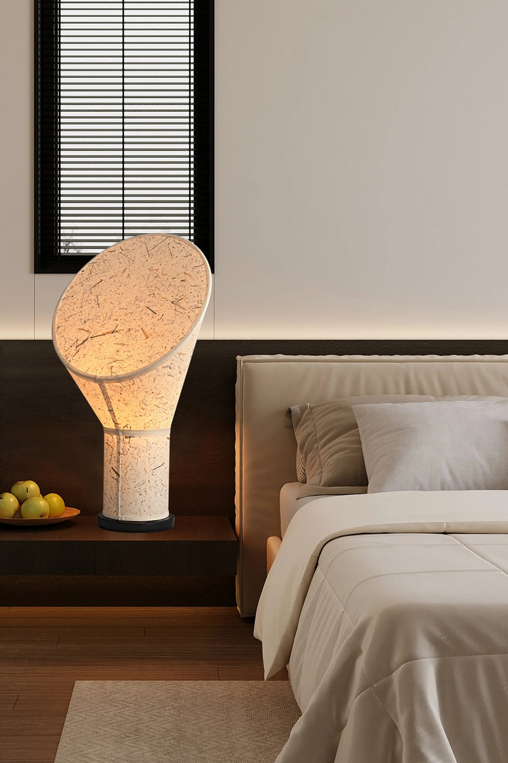 Serevane paper table lamp lit in the original bedroom scene