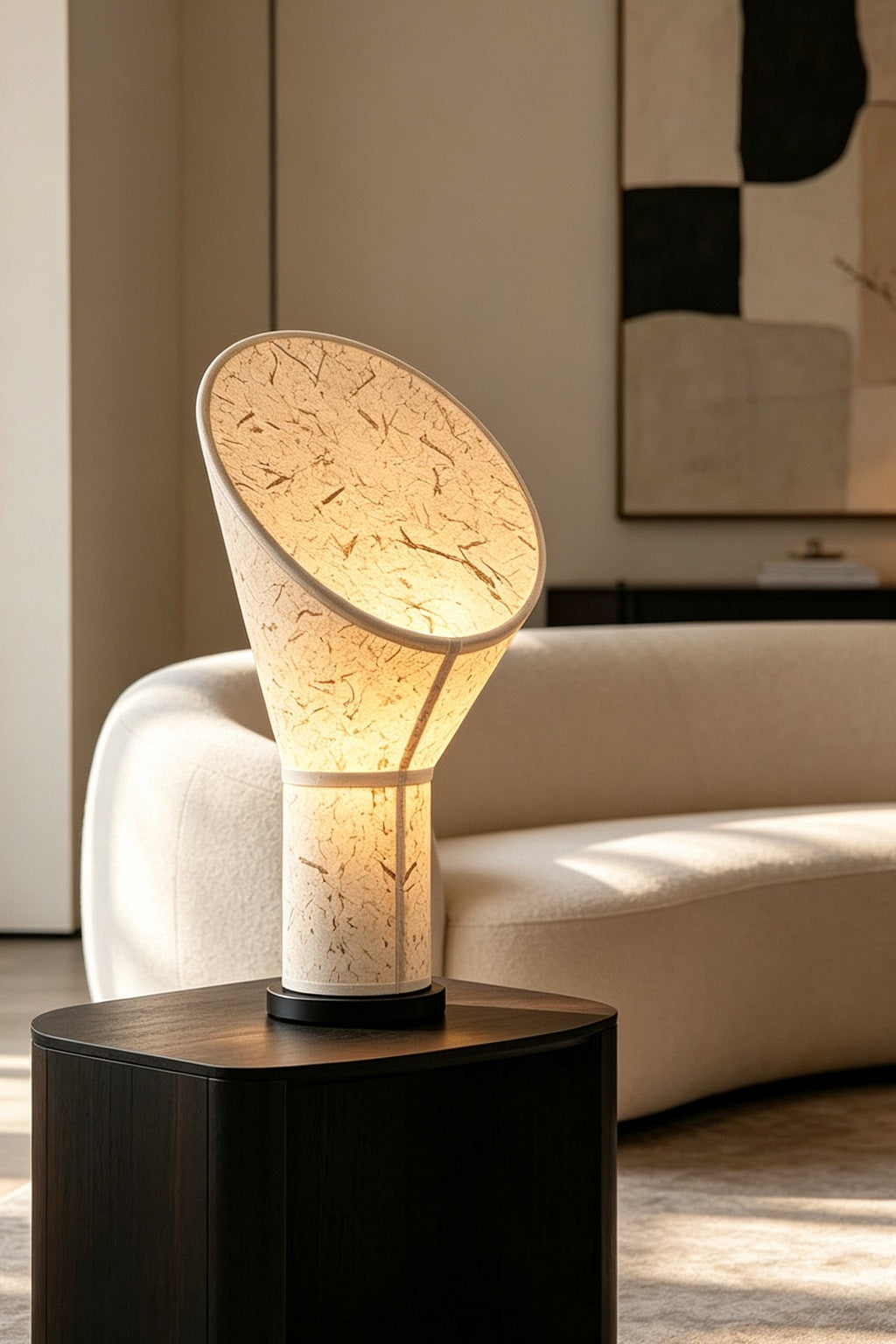 Serevane paper table lamp lit in the original living room scene