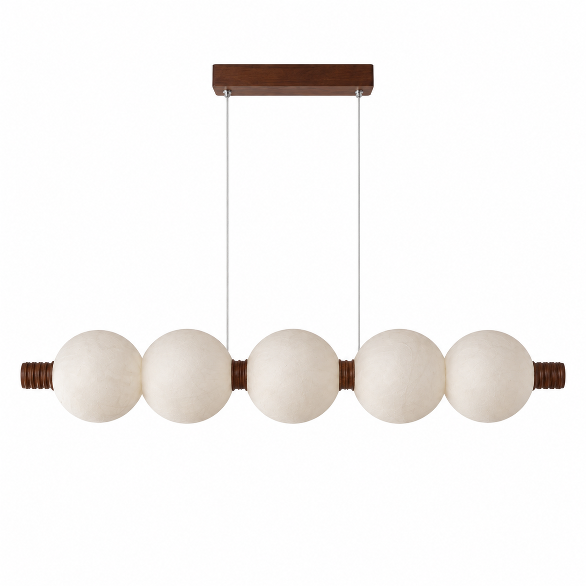 5-globe horizontal natural mulberry silk pendant with dark wood details, complete product on white