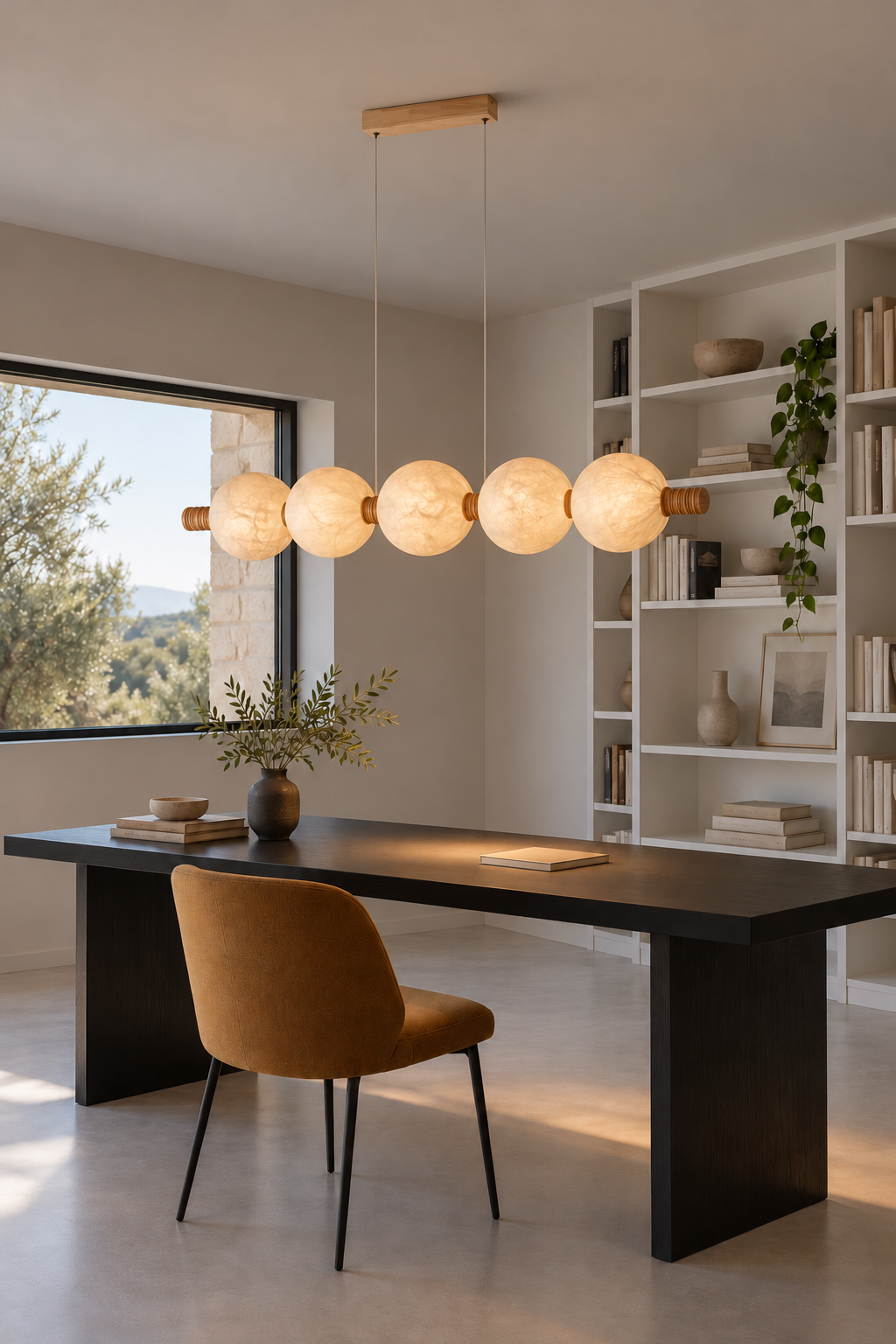 5-globe horizontal natural mulberry silk pendant with light wood details, library on interior