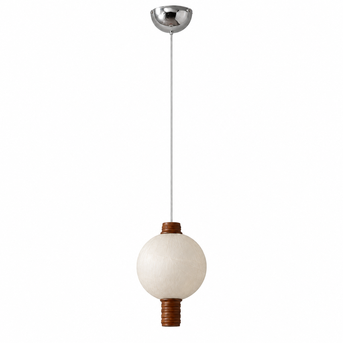 Single globe natural mulberry silk pendant with dark wood details and extended suspension cord on white