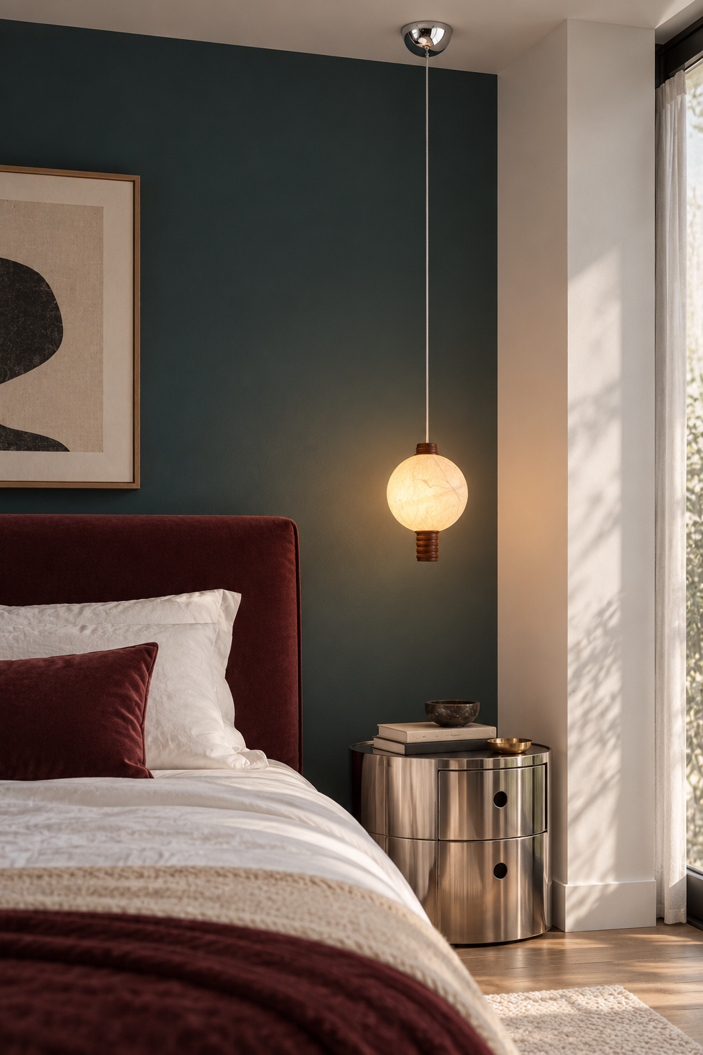 1-globe vertical natural mulberry silk pendant with dark wood details, single bedside on interior