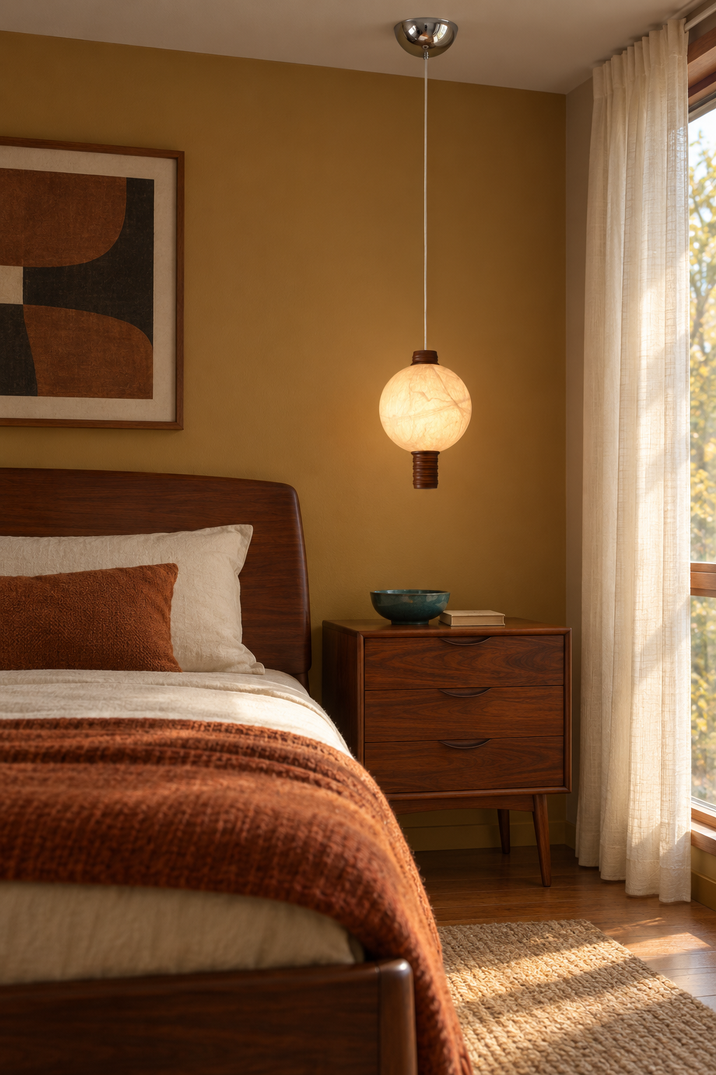 1-globe vertical natural mulberry silk pendant with dark wood details, single bedside on interior