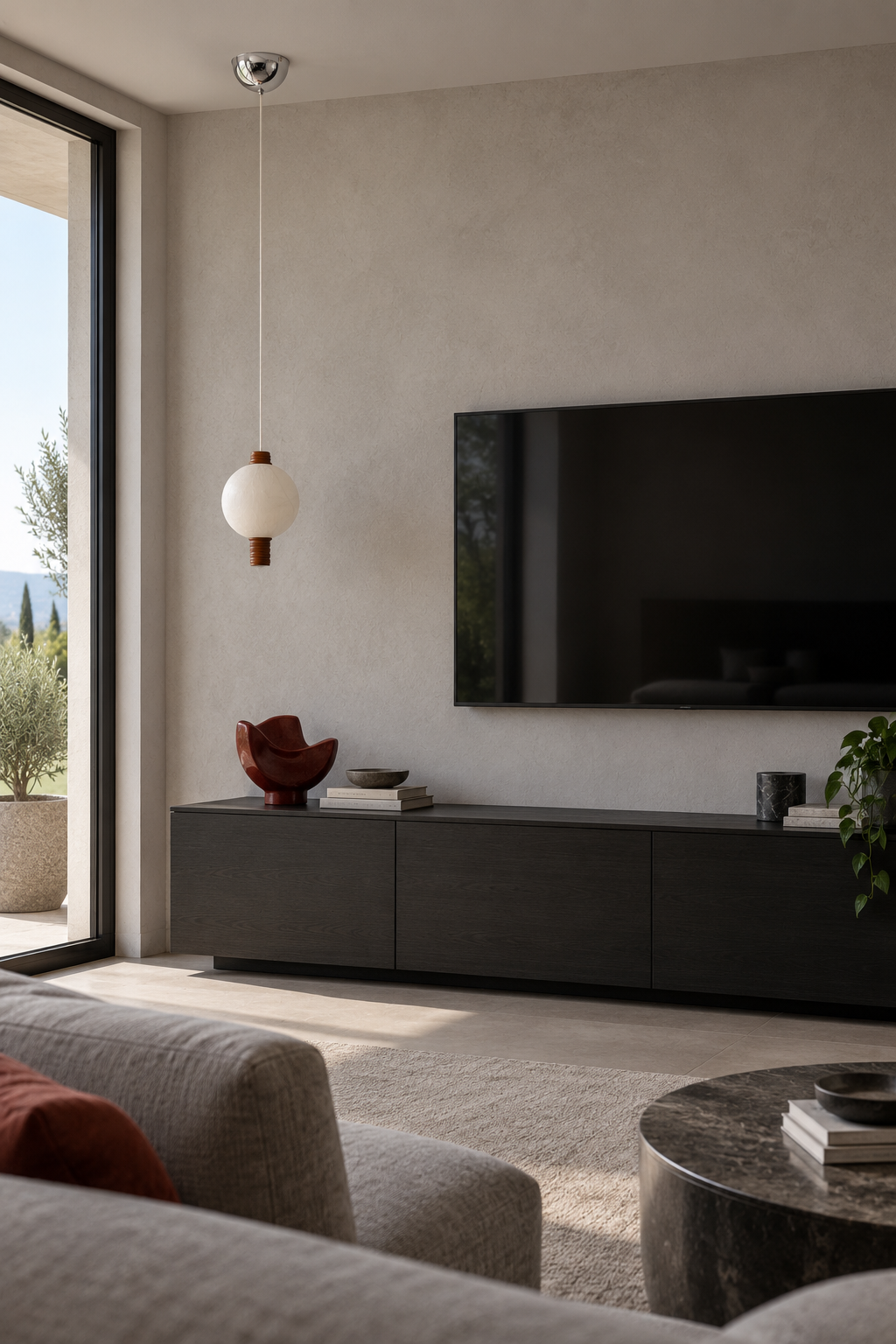 1-globe vertical natural mulberry silk pendant with dark wood details, single tv off interior