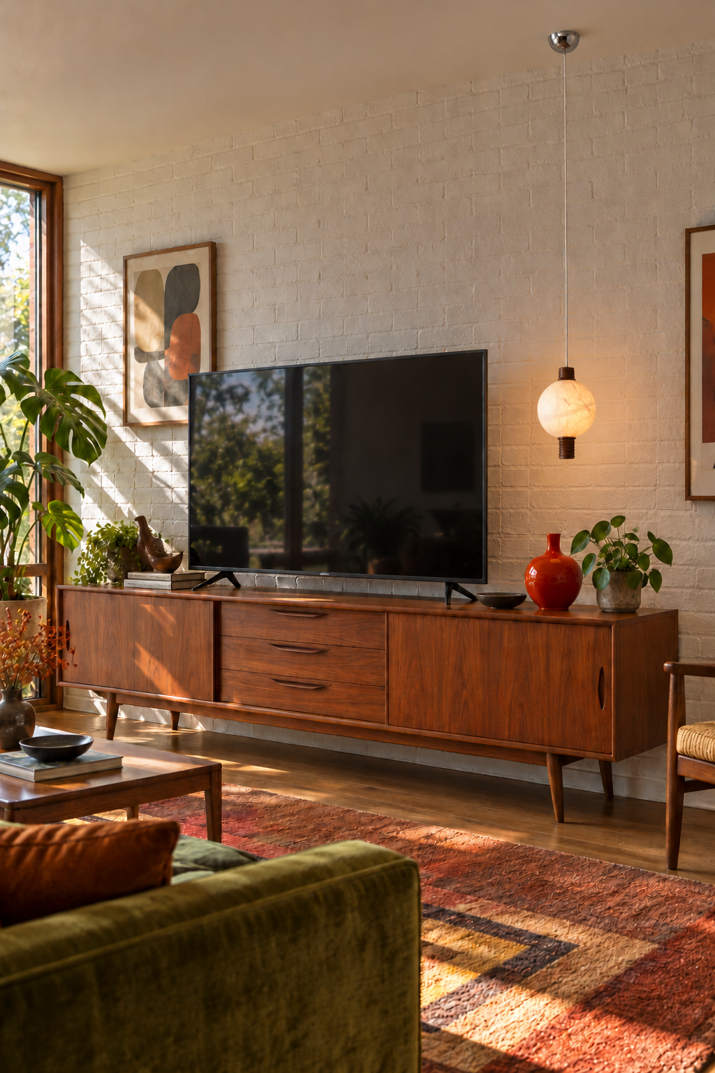 1-globe vertical natural mulberry silk pendant with dark wood details, single tv on interior