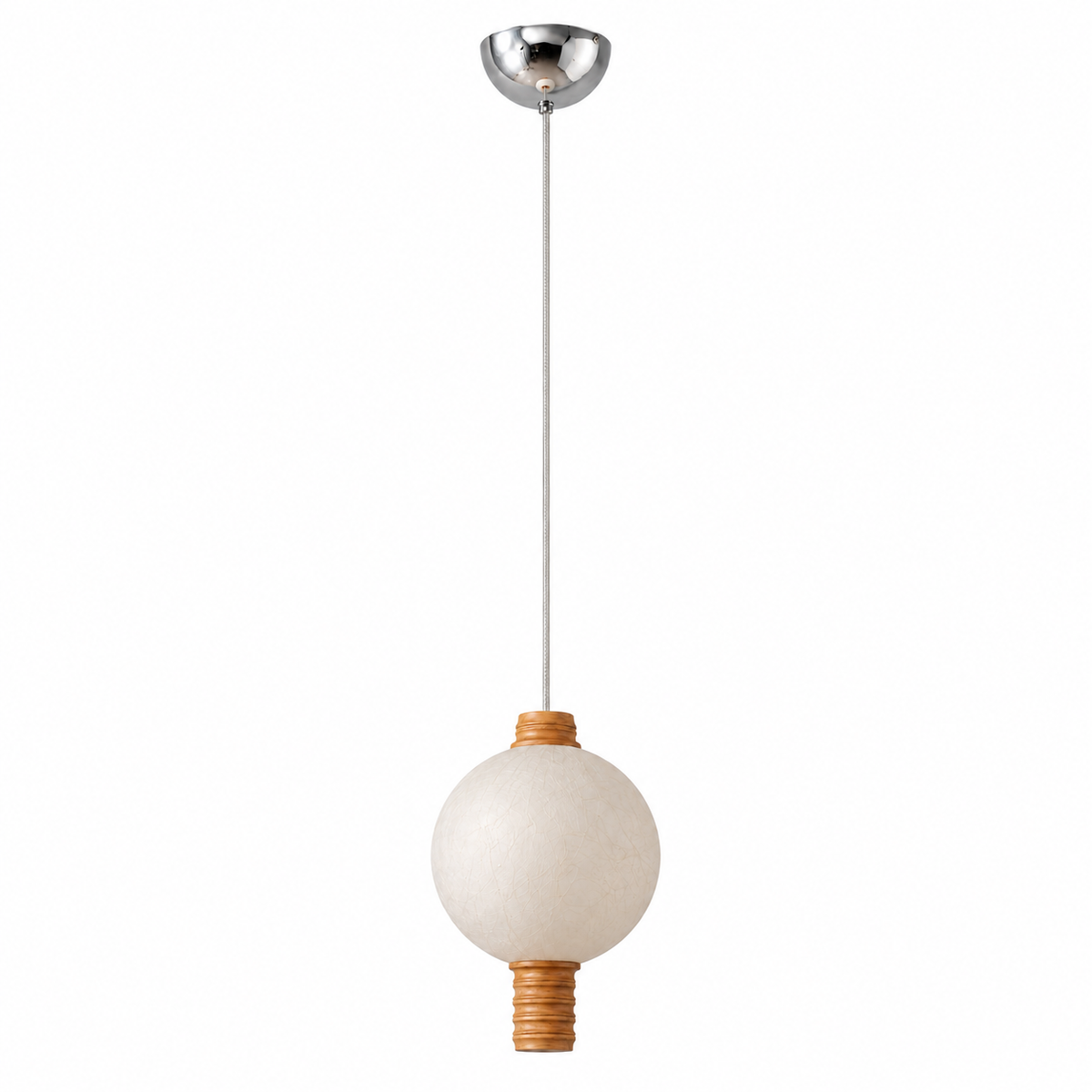 1-globe vertical natural mulberry silk pendant with light wood details, complete product on white