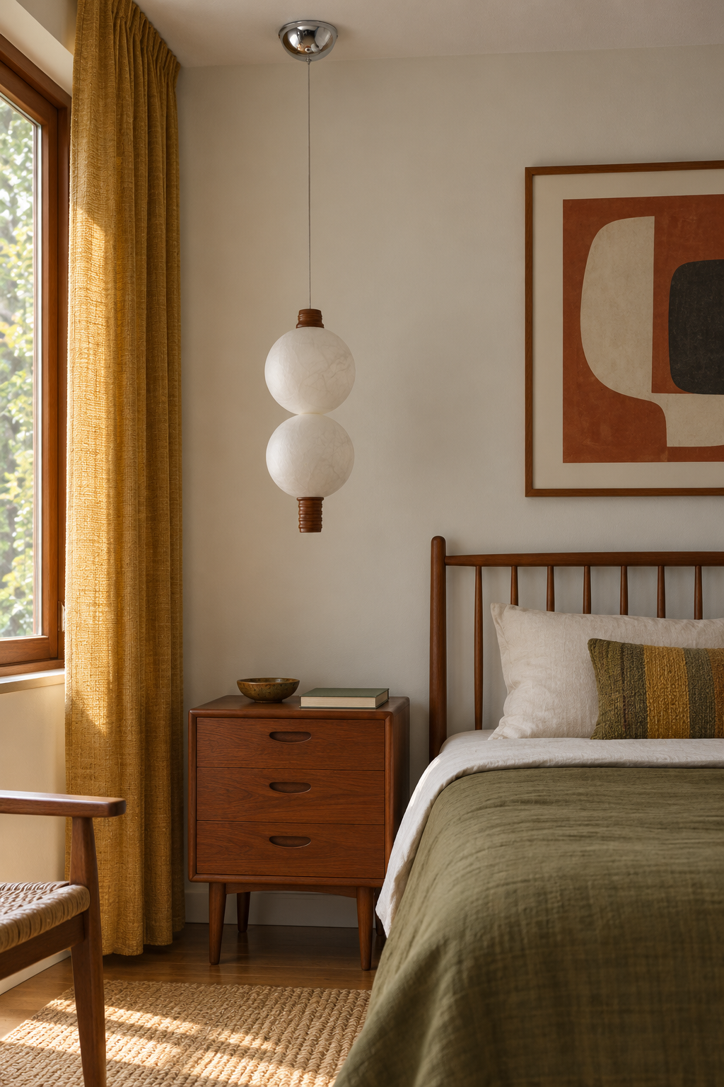 2-globe vertical natural mulberry silk pendant with dark wood details, double bedside off interior