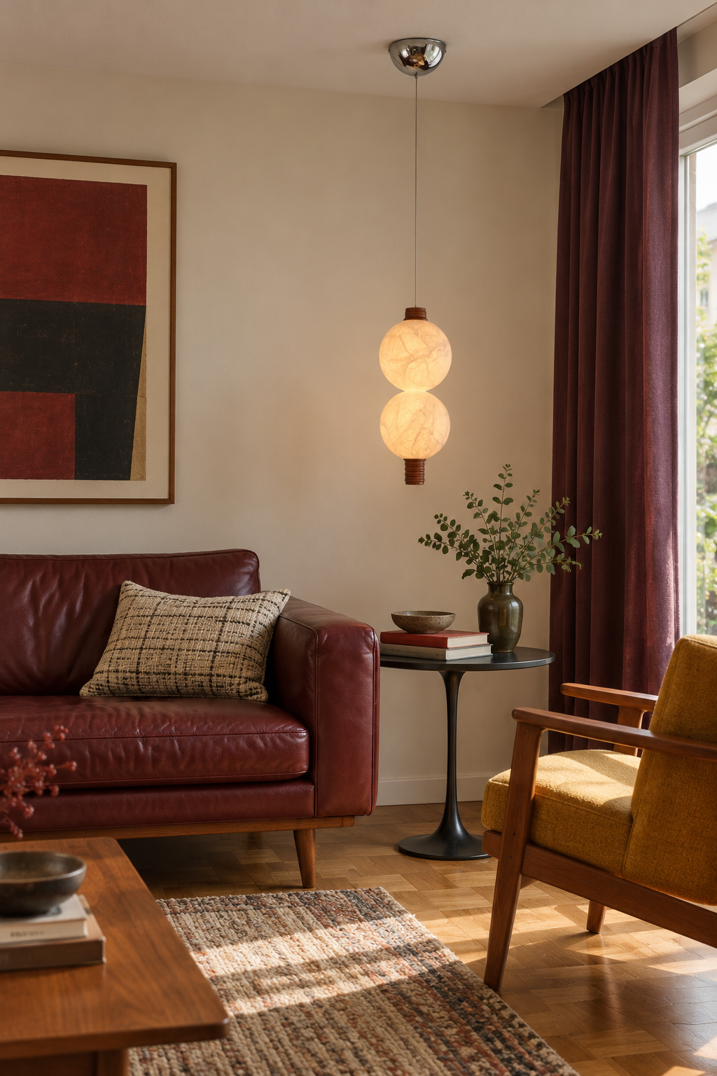 2-globe vertical natural mulberry silk pendant with dark wood details, double sofa on interior
