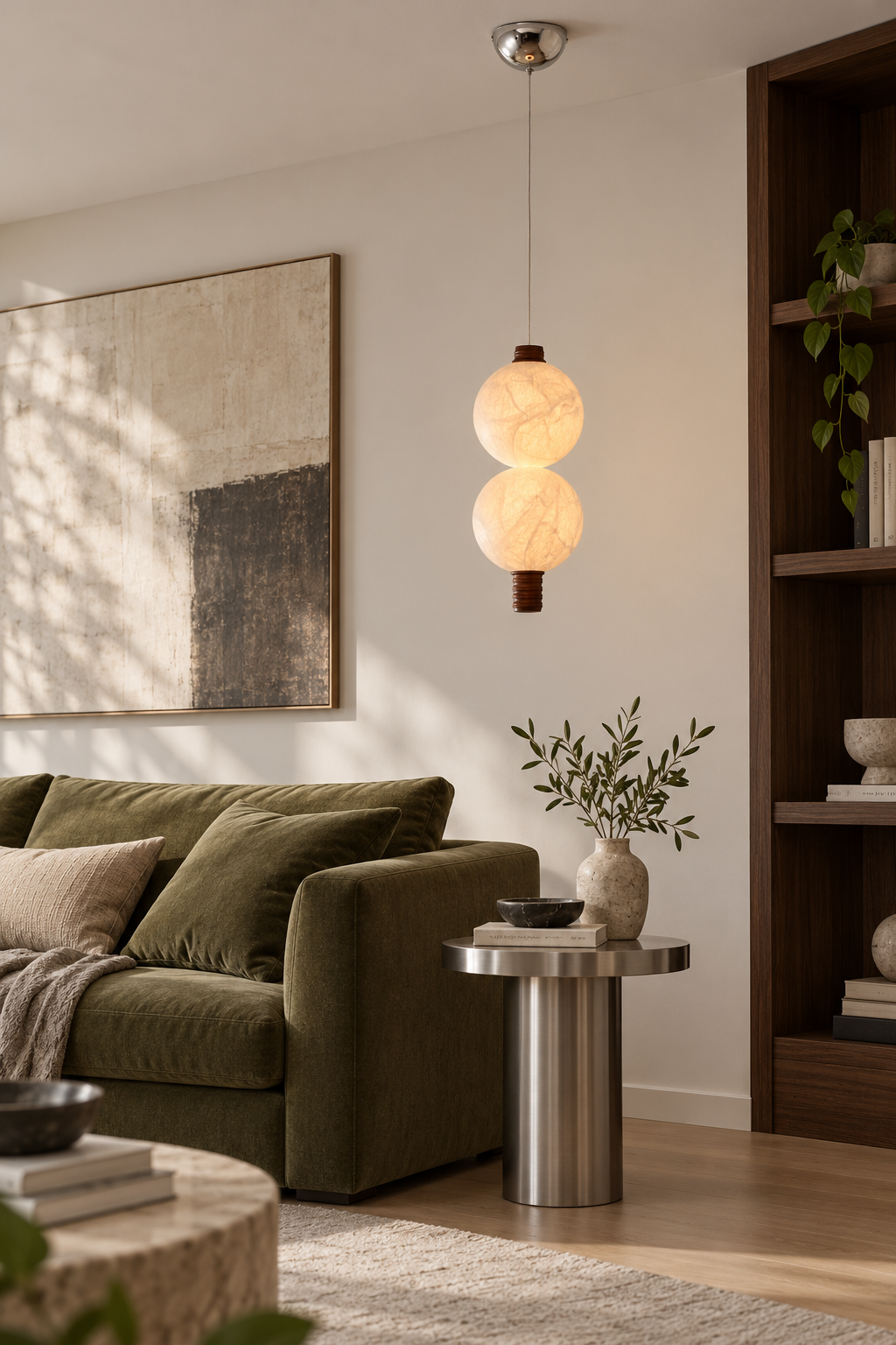 2-globe vertical natural mulberry silk pendant with dark wood details, double sofa on interior