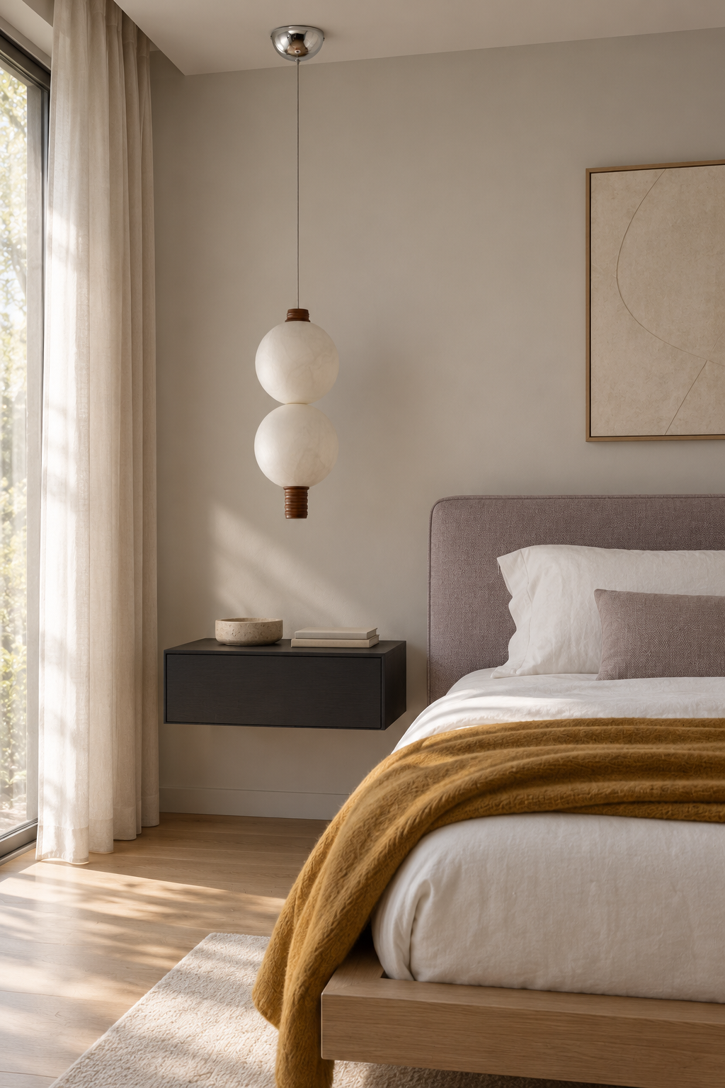 2-globe vertical natural mulberry silk pendant with dark wood details, double bedside off interior