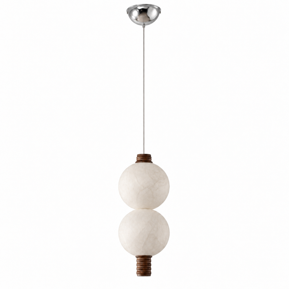 2-globe vertical natural mulberry silk pendant with dark wood details, complete product on white